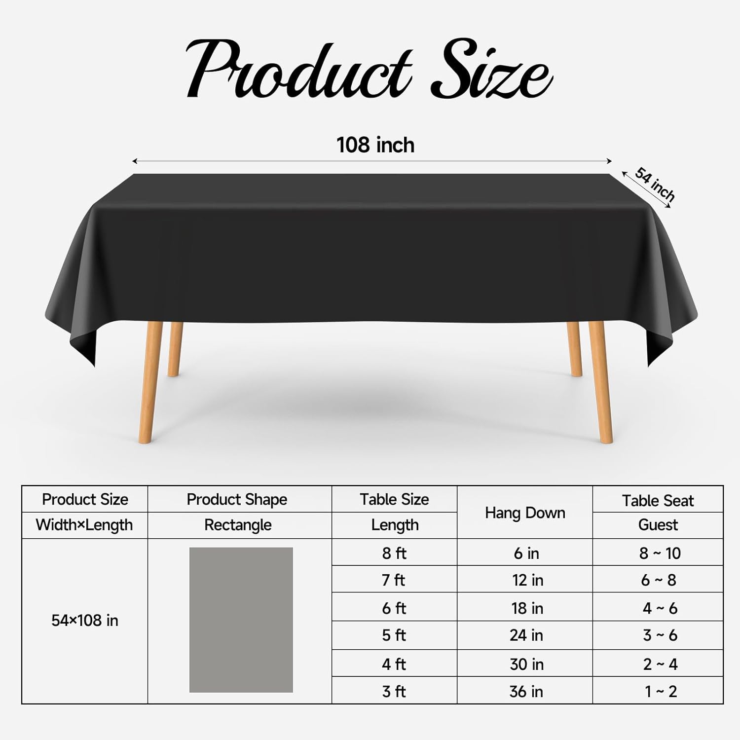 10 Pack Black Plastic Tablecloths for Rectangle Tables 54x108 Inch
