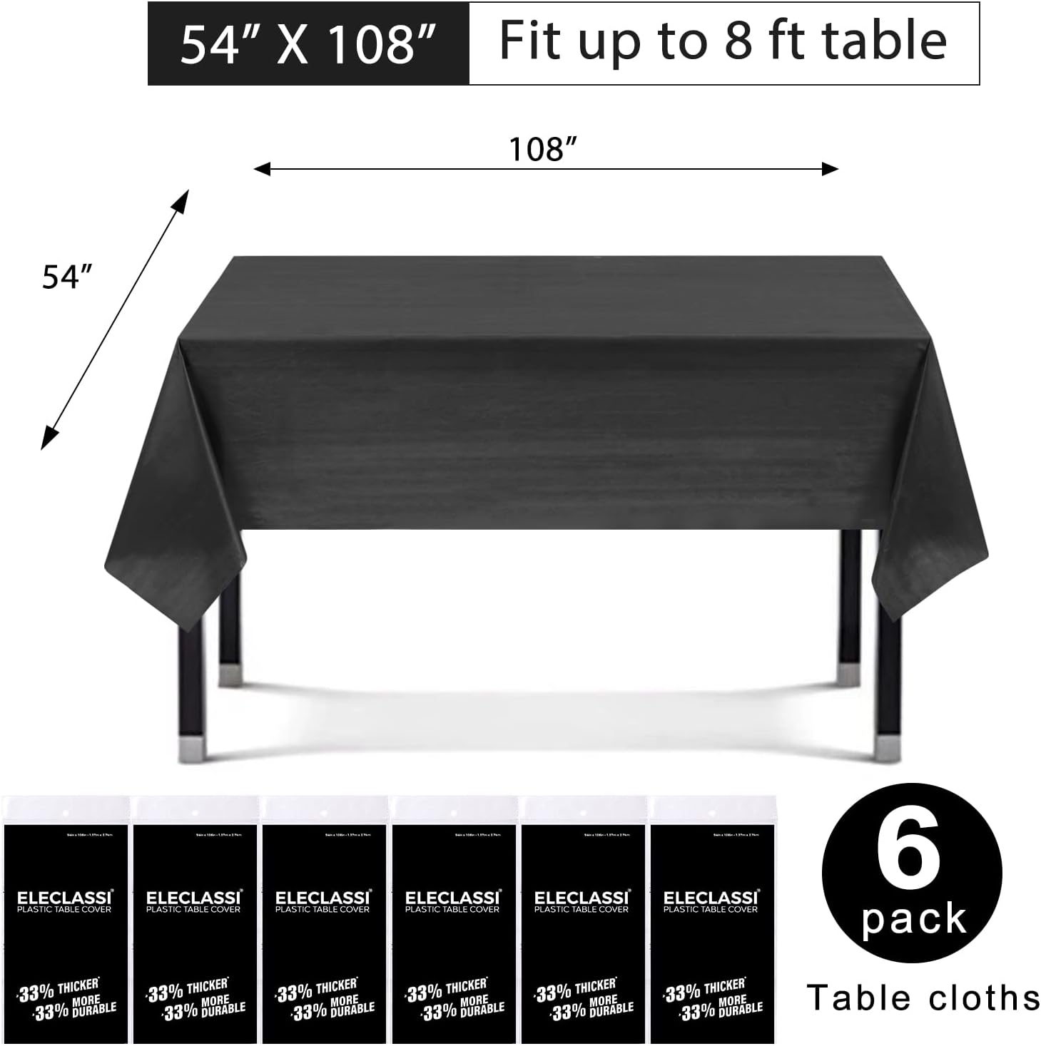 Eleclassi Black 6 Pack Premium Plastic Tablecloths 54x108in