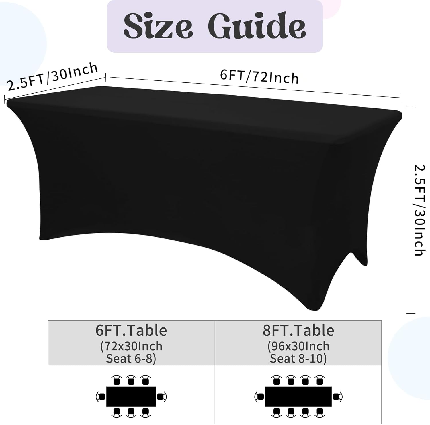 3 Pack Black Tablecloths 6ft Rectangle Spandex Stretch Fitted