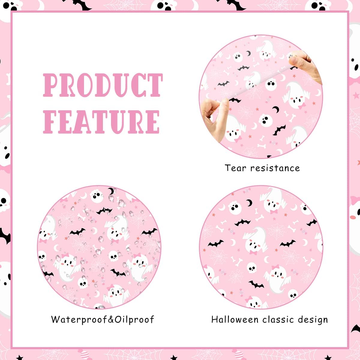 3PCS Halloween Tablecloth Pink Skulls Spider Web Ghost Bat Water-Resistant