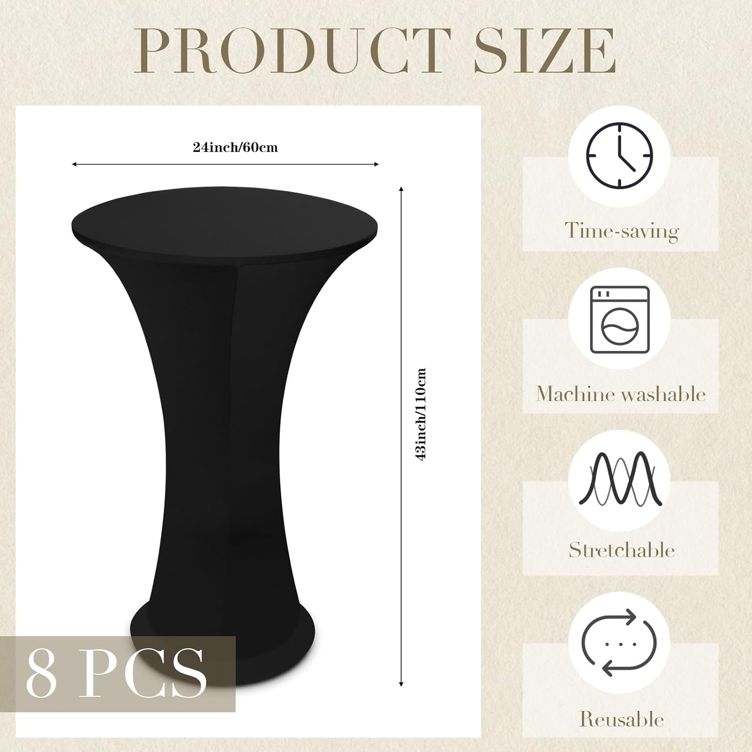 8 Pcs Black Spandex Stretch Table Cloths for Round Tables