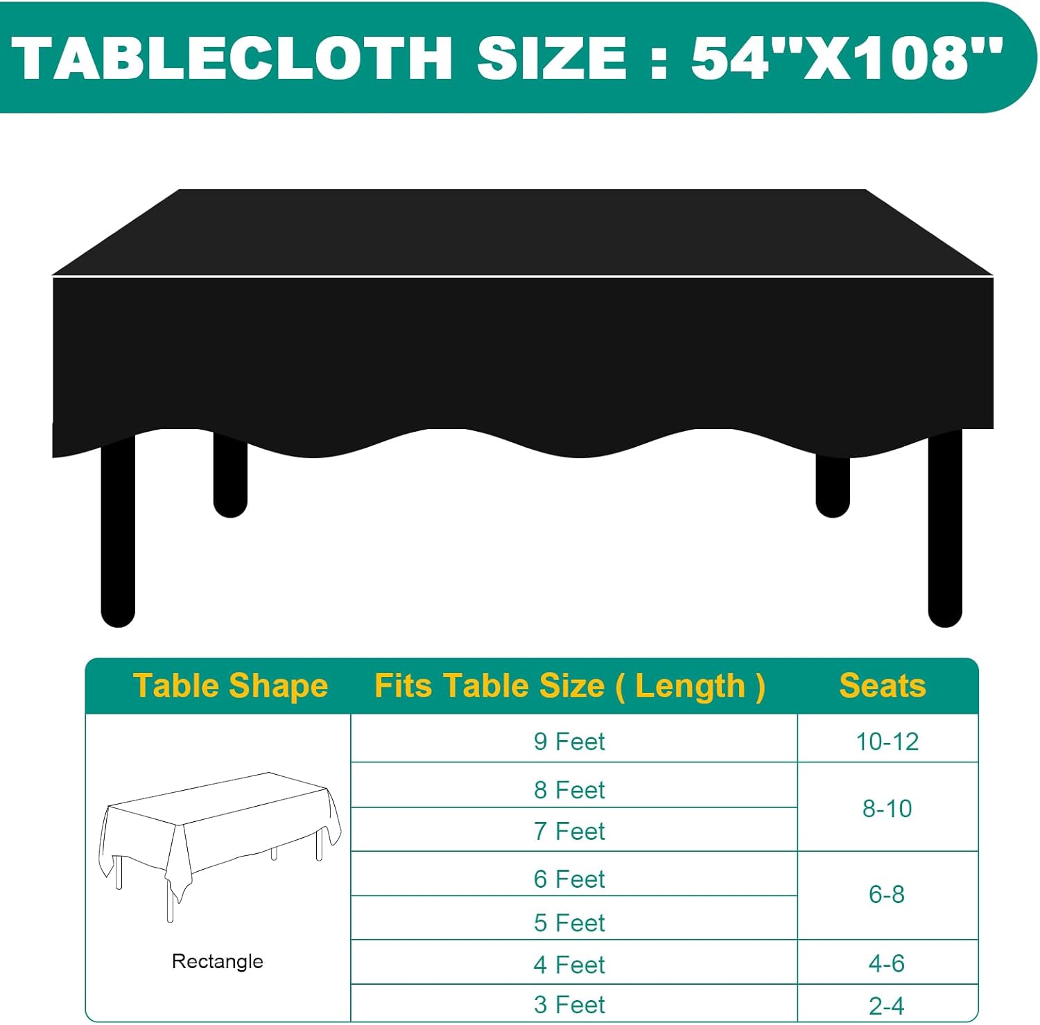 50 Pack Black Plastic Tablecloths for Rectangle Tables