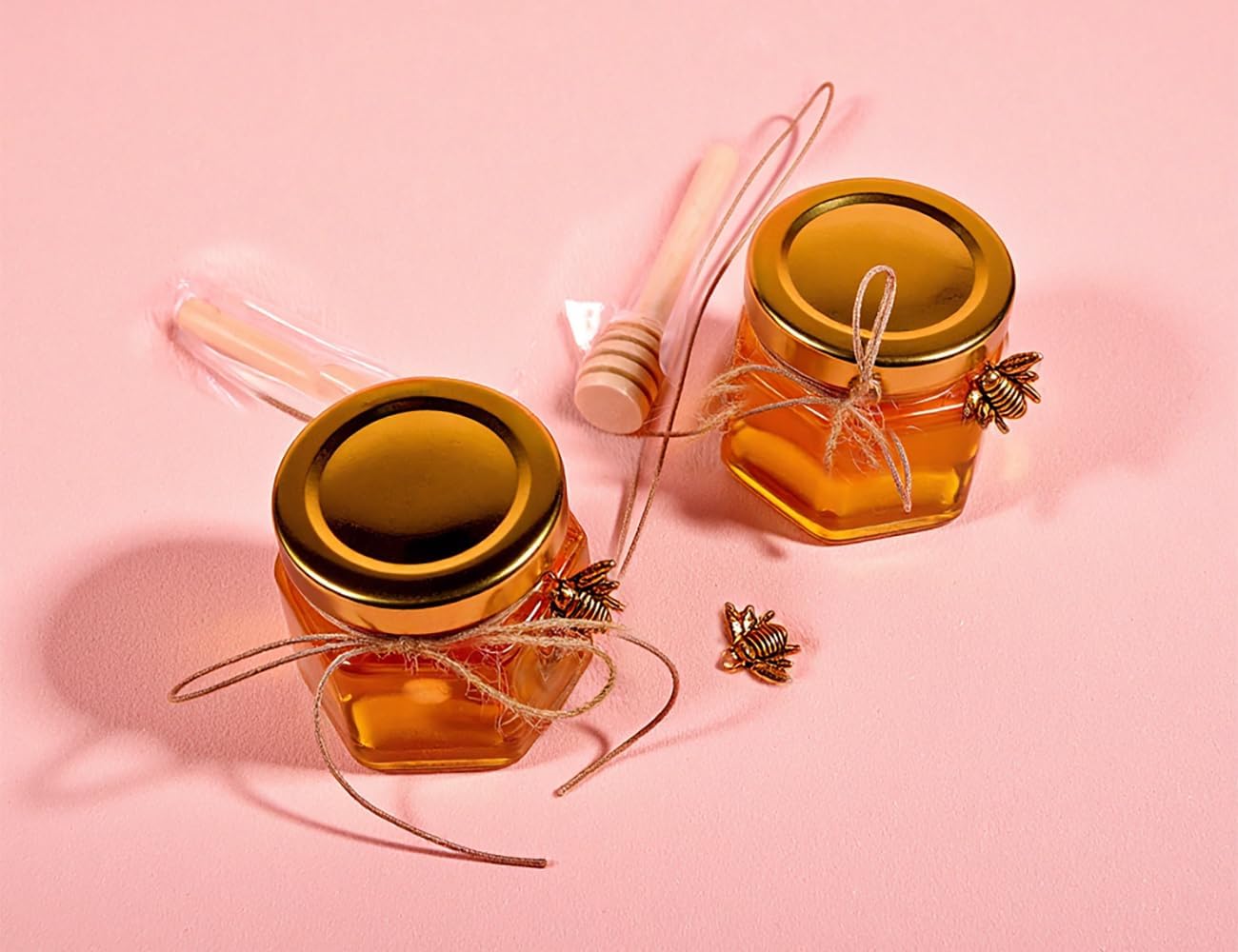 Adabocute Honey Pot 2oz Mini Glass Jars with Wood Dipper Gold Lid Bee Pendants Beige Gift Bags 15 Pack