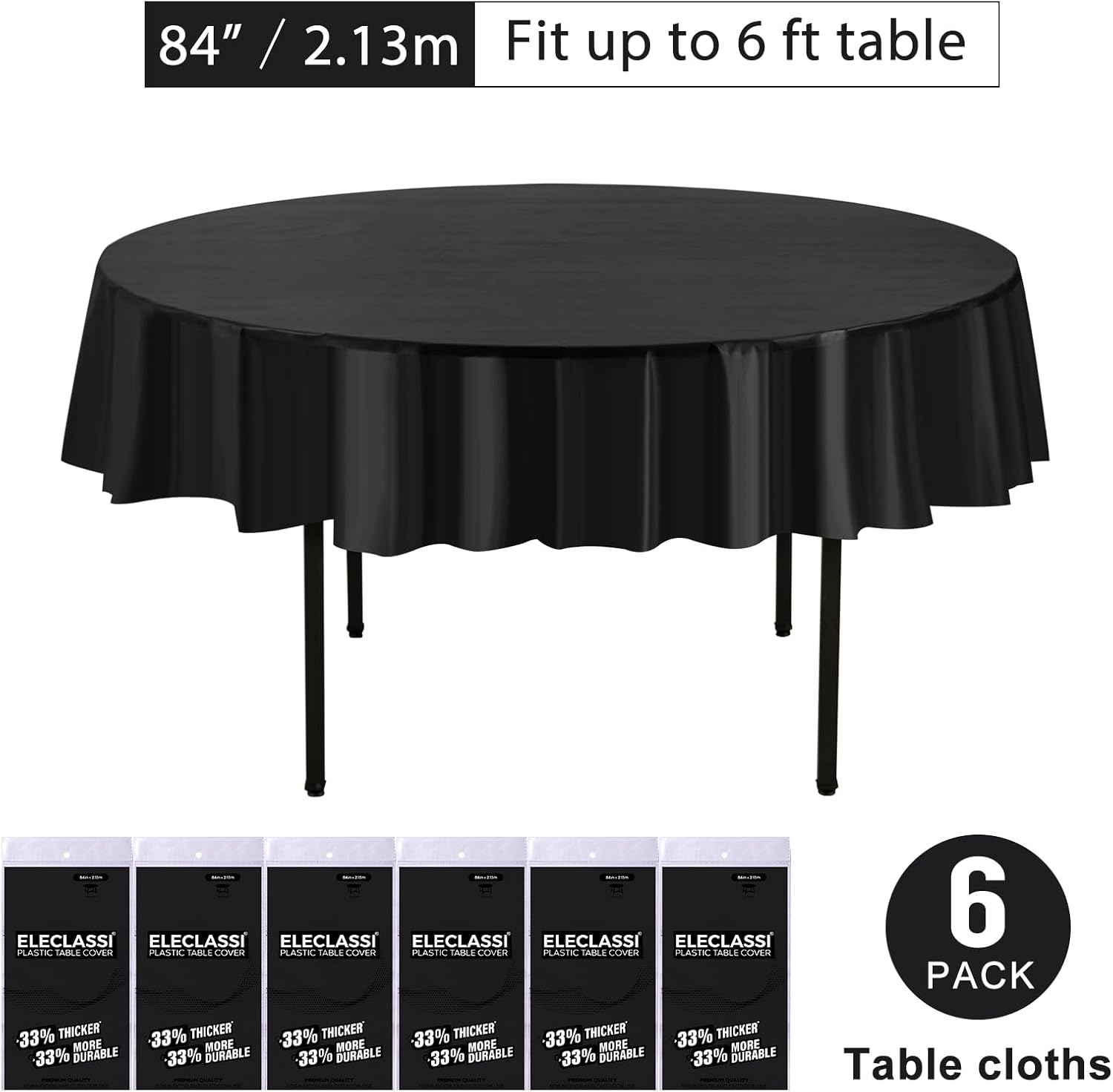 Eleclassi Black 6 Pack Premium Round Disposable Tablecloths - 84 Inch