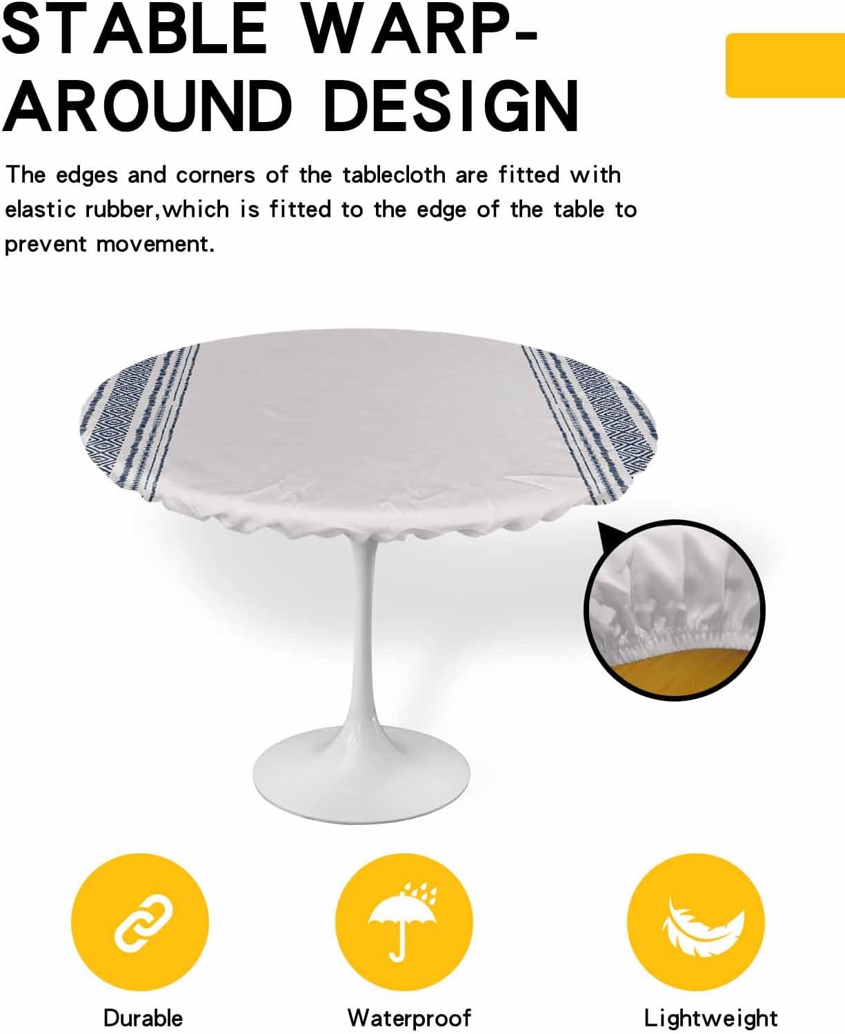 Boho Blue Round Waterproof Table Cover with Elastic