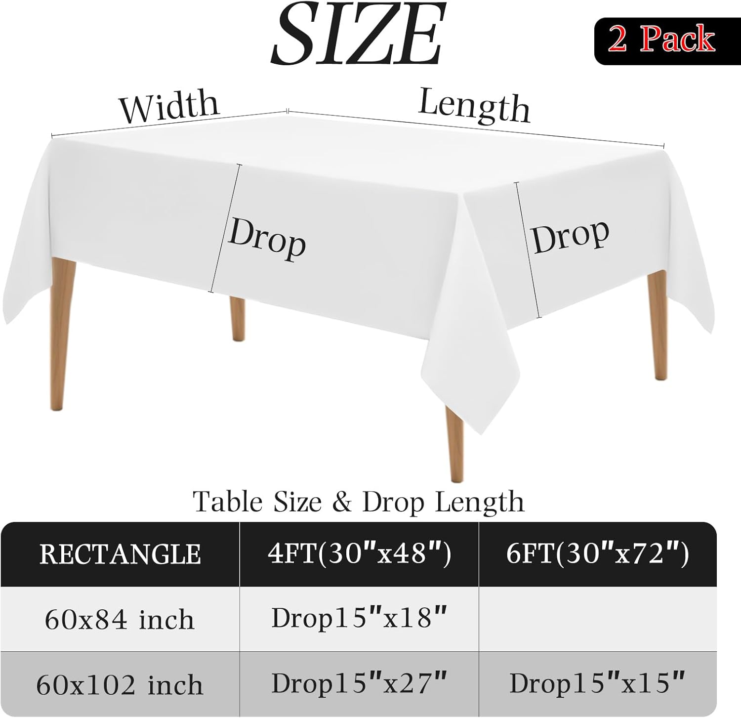 Wigenius 2 Pack White Polyester Tablecloths for 6ft Tables 60x102 Inch