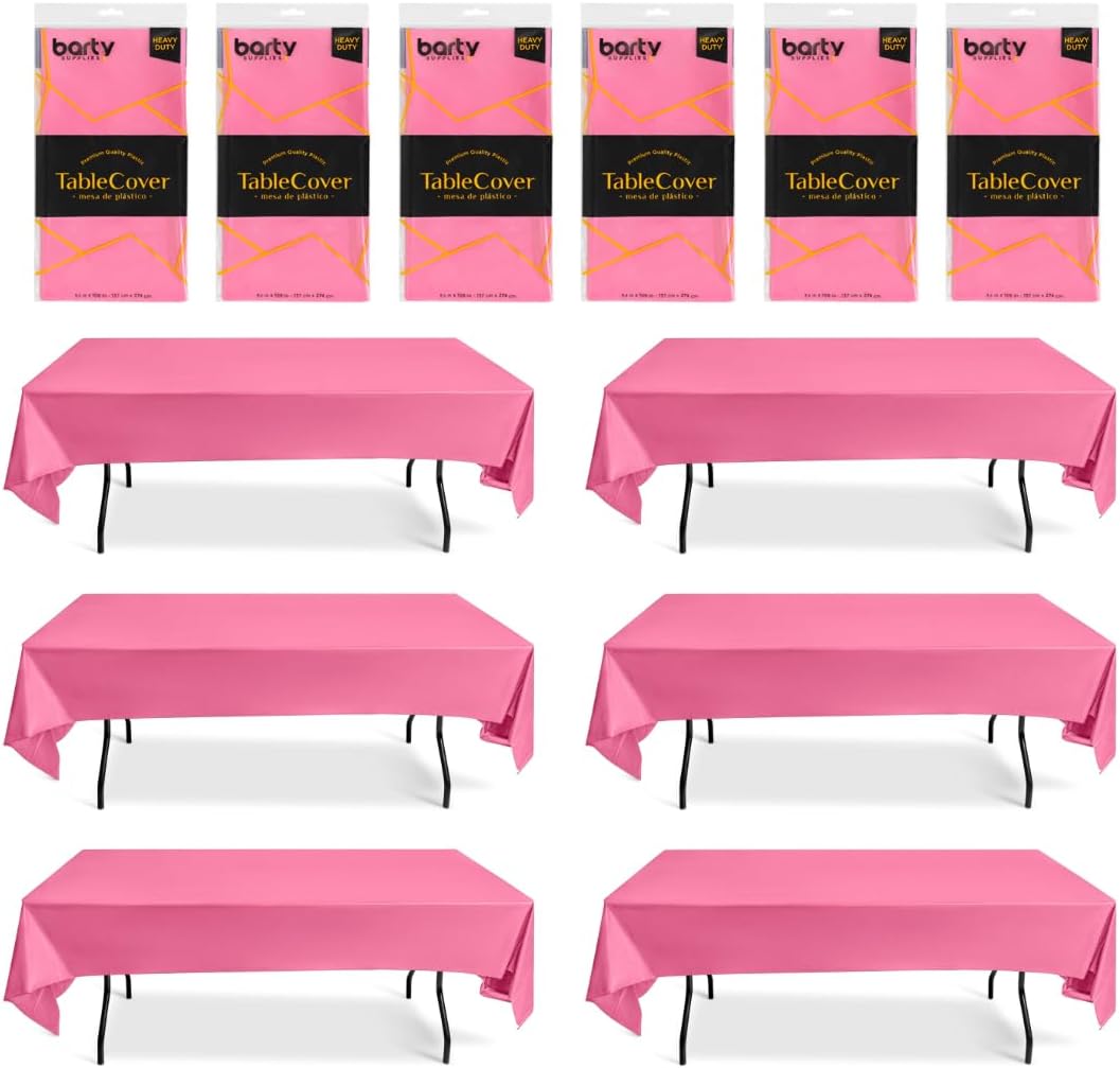 Pink Plastic Table Cloths 6 Pack with 12 Clips for Rectangular Tables