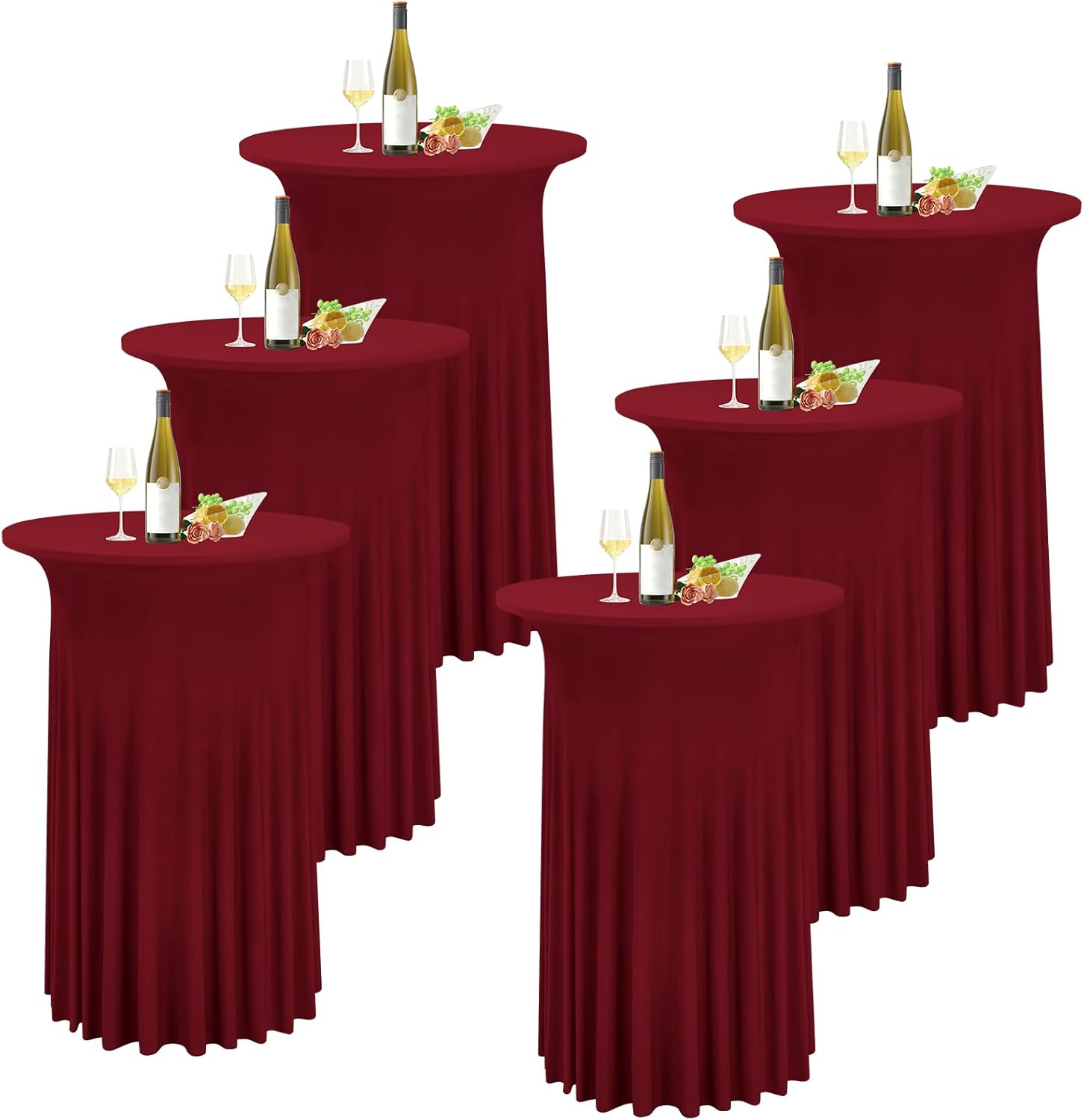 6 Pack Round Cocktail Table Skirt Spandex Tablecloth Wine Red Wavy Drapes High Top Cover
