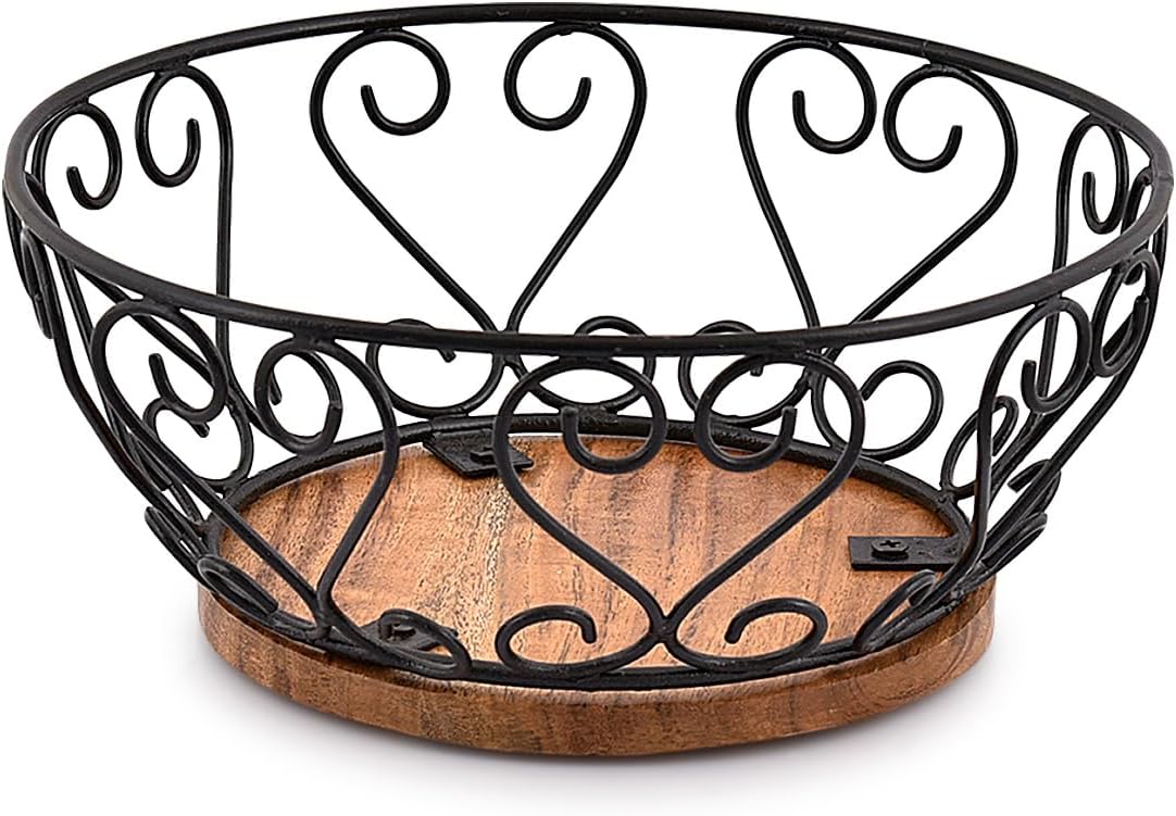 EDHAS Iron Fruit Bowl With Wooden Base 9x9x4 Inches