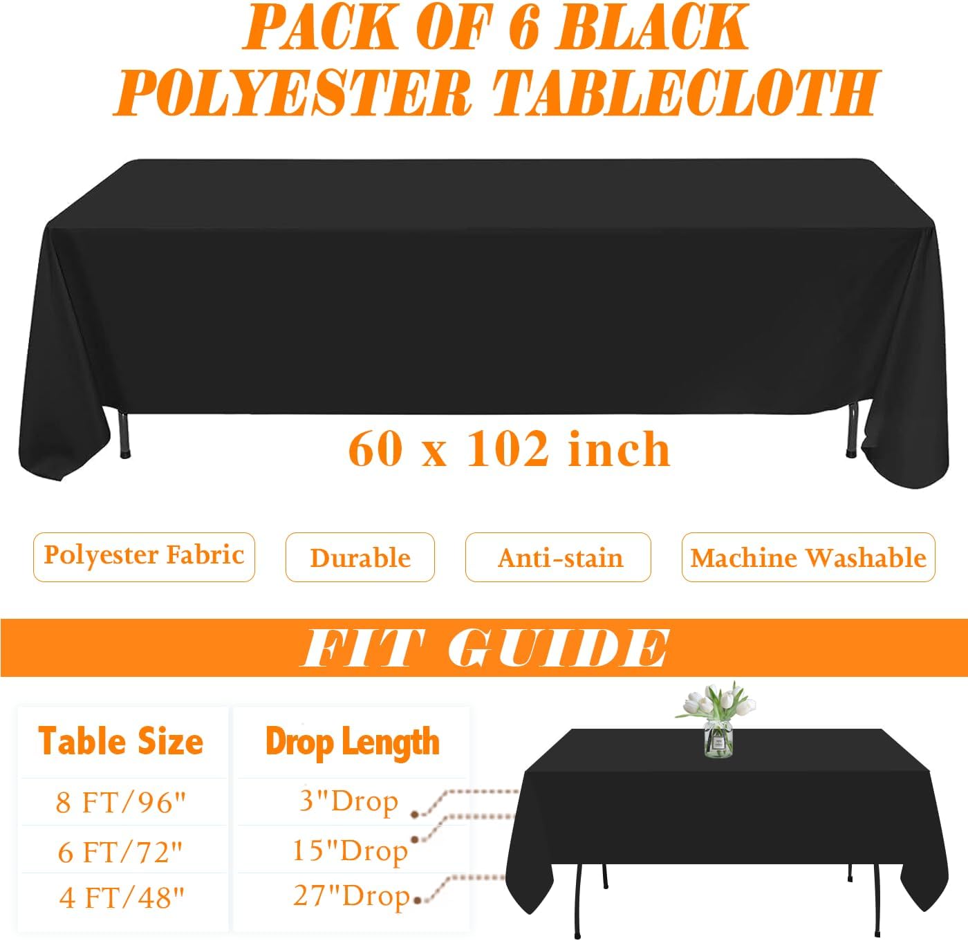 Wigenius 6 Pack Black Rectangle Tablecloths 60x102 Inch