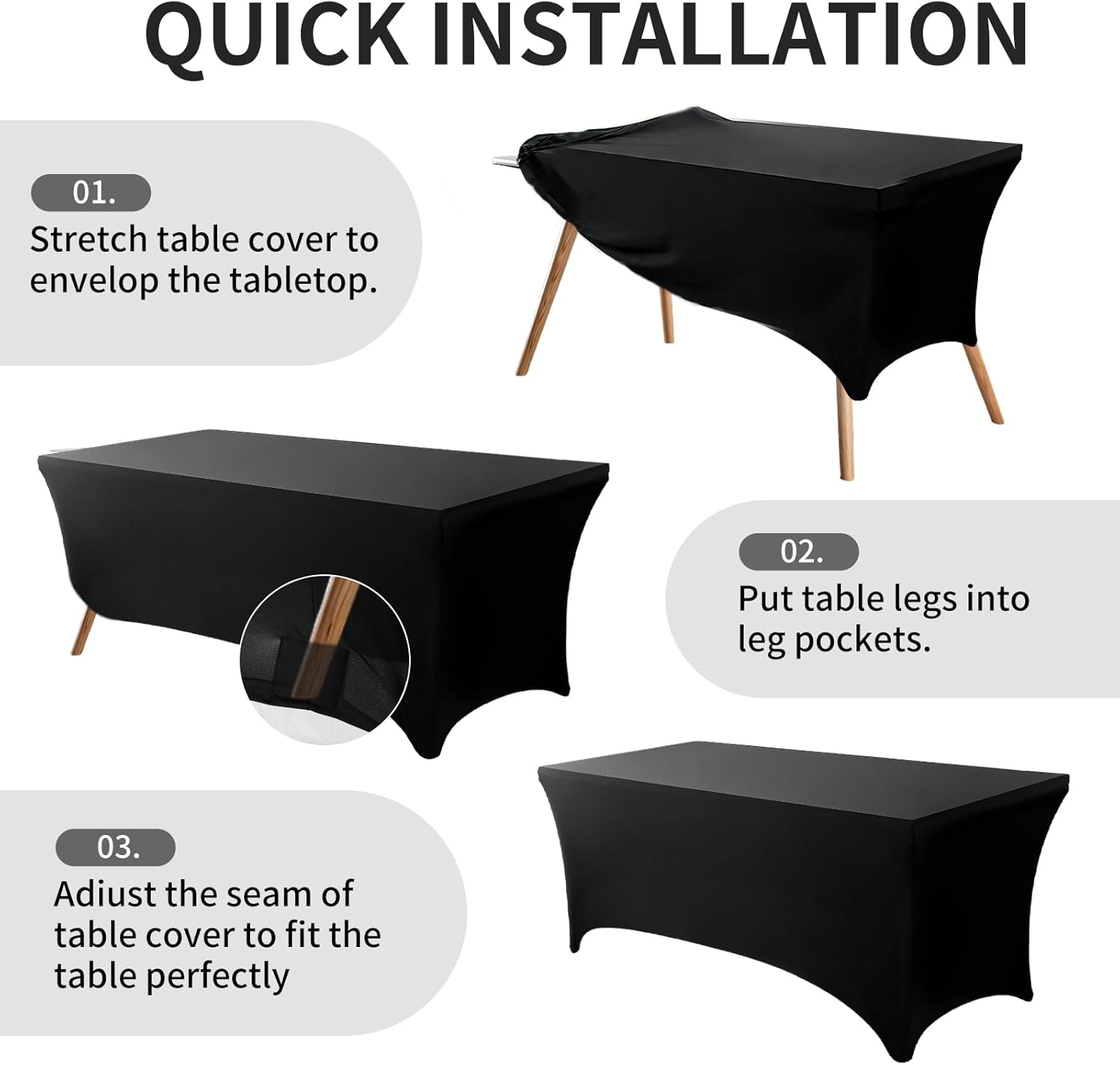 Mangdar Rectangular Elastic Spandex Tablecloth 6 Feet 2 Pack Black