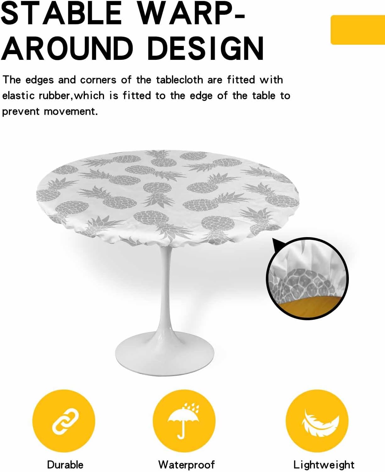 Silver Pineapple Waterproof Round Table Cover 36-44 Inch Elastic Tablecloth for Indoor Outdoor Use