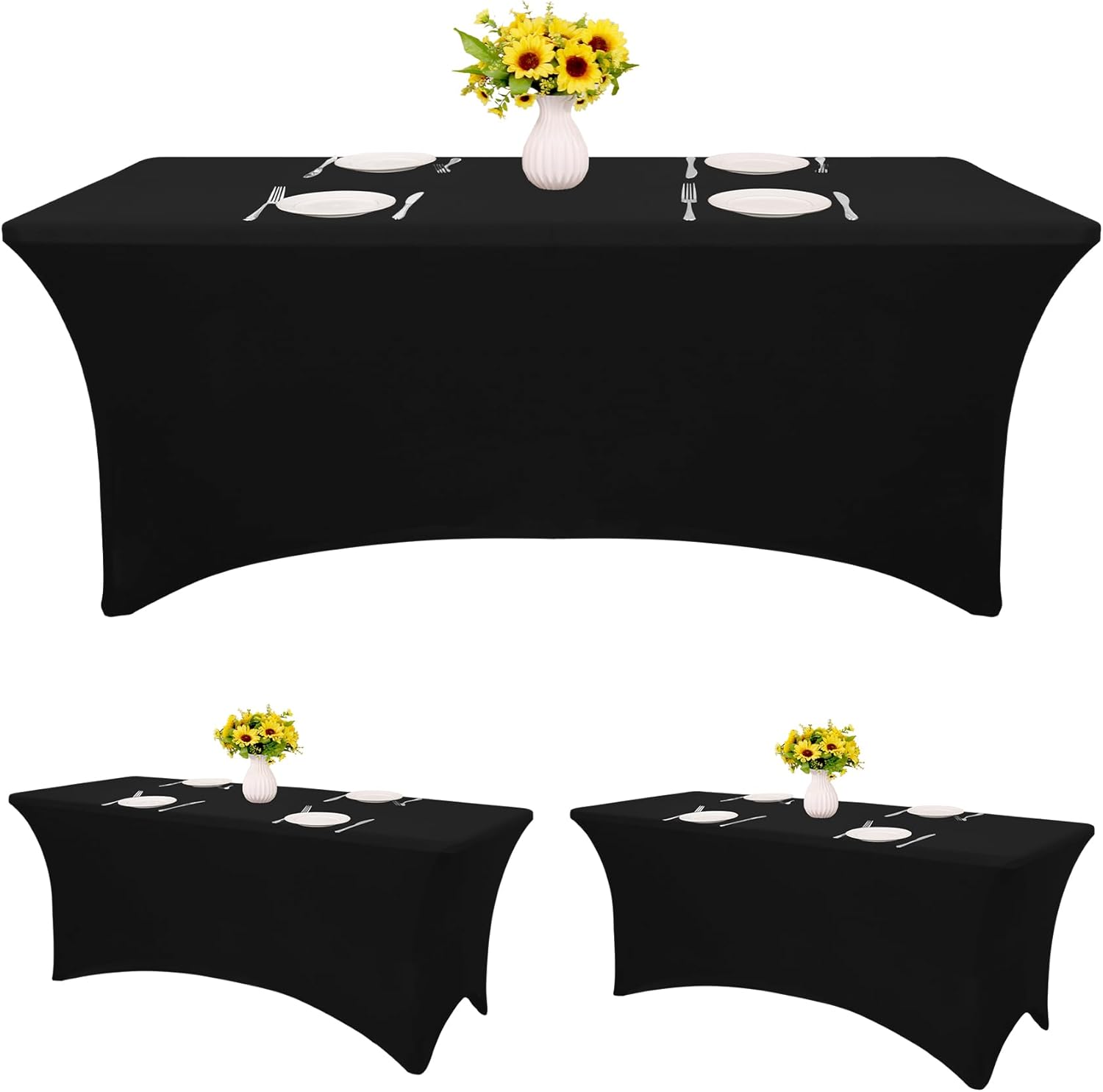 3 Pack Black Tablecloths 6ft Rectangle Spandex Stretch Fitted