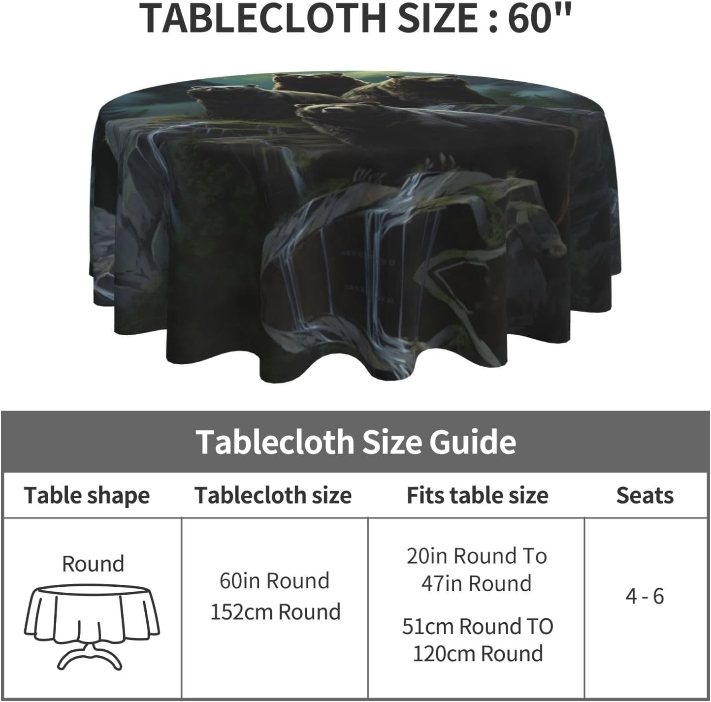 60 Inch Round Black Bear Tablecloth for Holiday Parties