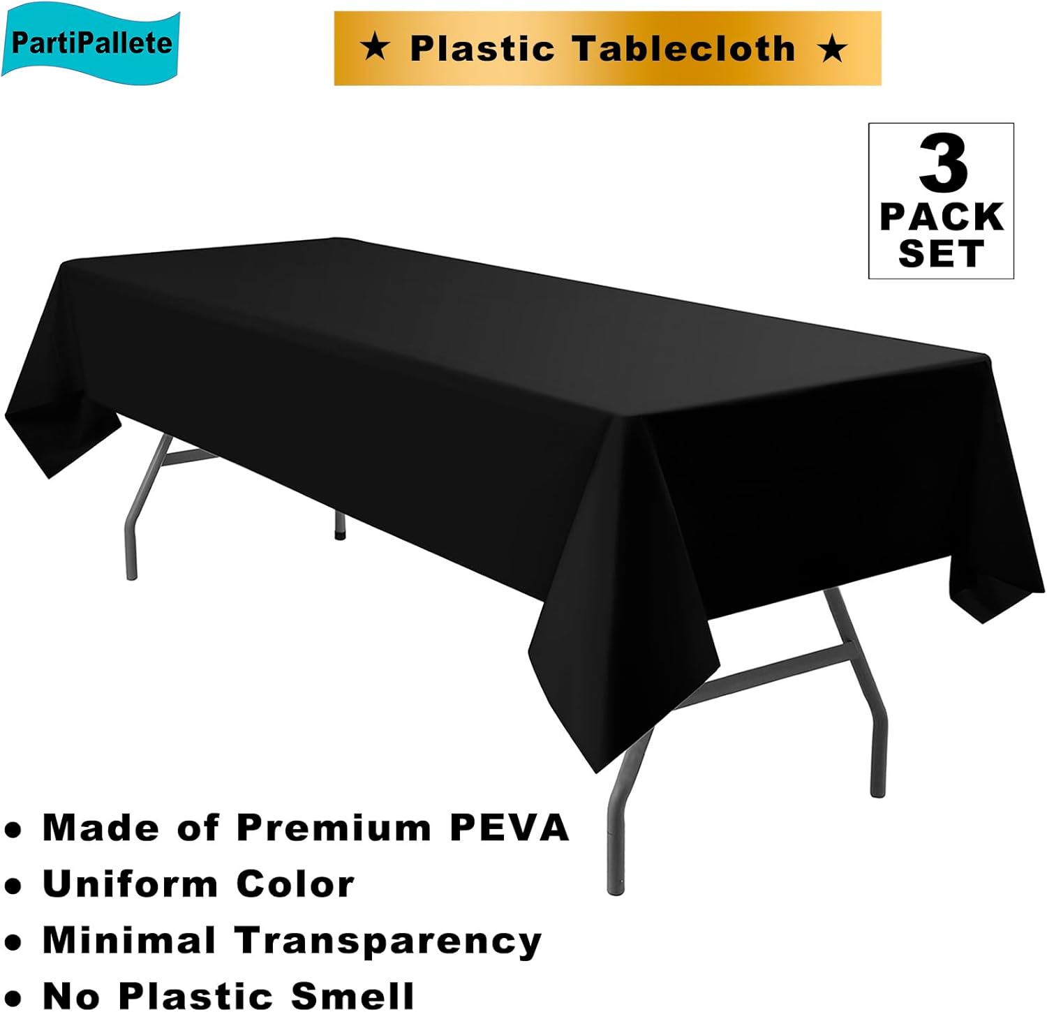 3-Pack Premium Plastic Black Tablecloth for Party Events