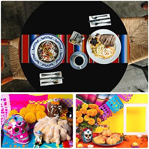 Oudain 6 Pcs Mexican Fiesta Tablecloth 84 Inch Striped Plastic Round Tablecover for Wedding and Party Decorations Black