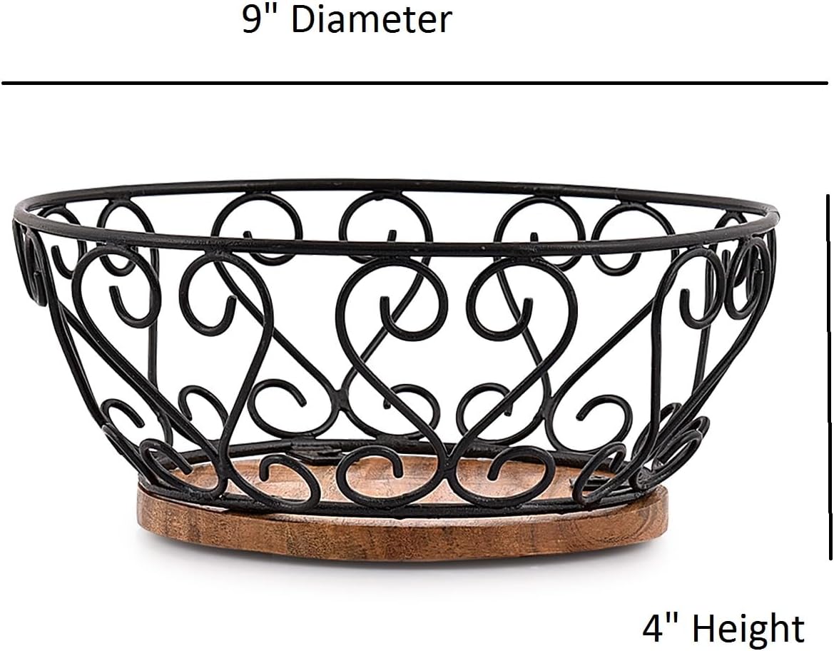 EDHAS Iron Fruit Bowl With Wooden Base 9x9x4 Inches