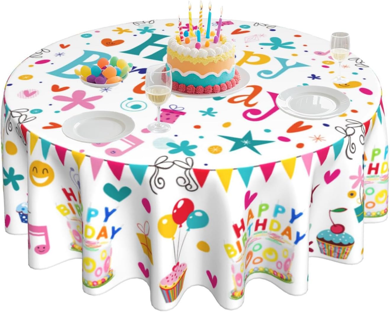 Happy Birthday Round Tablecloth 60 Inch Colorful Cake Balloons Cover