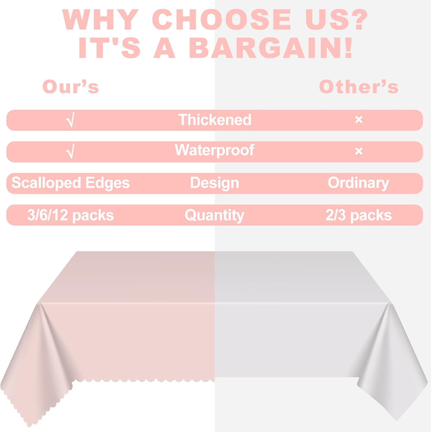 3 Pack Light Pink Plastic Tablecloths 54x108 Inch Party Covers