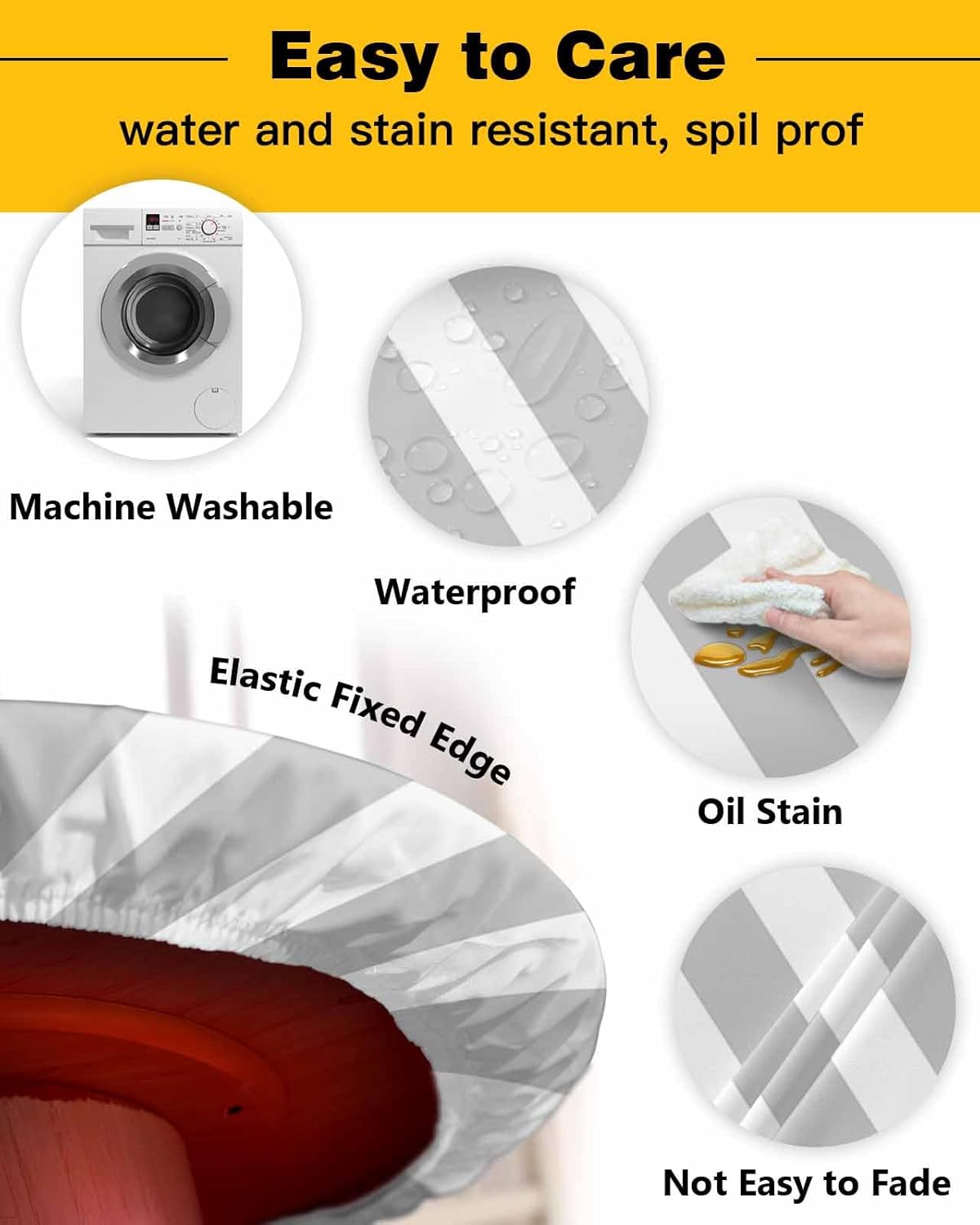 Gray Striped Round Waterproof Table Cover for Indoor Outdoor Use