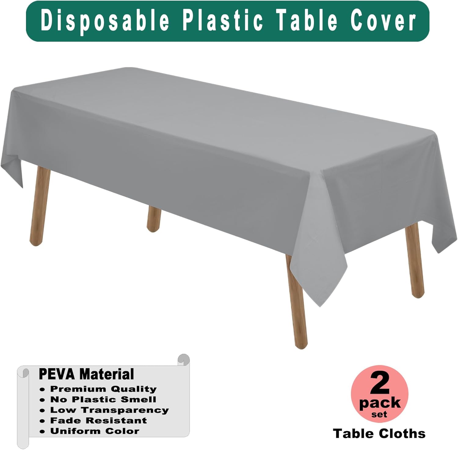 Silver Plastic Tablecloths 2 Pack Dark Gray Disposable Table Covers 54 x 108 Inch