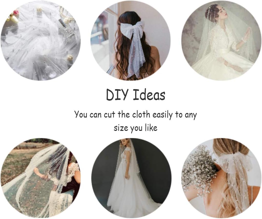 TIMECOSY White Pearl Tulle Tablecloths 6 Pieces 10ft Veil for Wedding