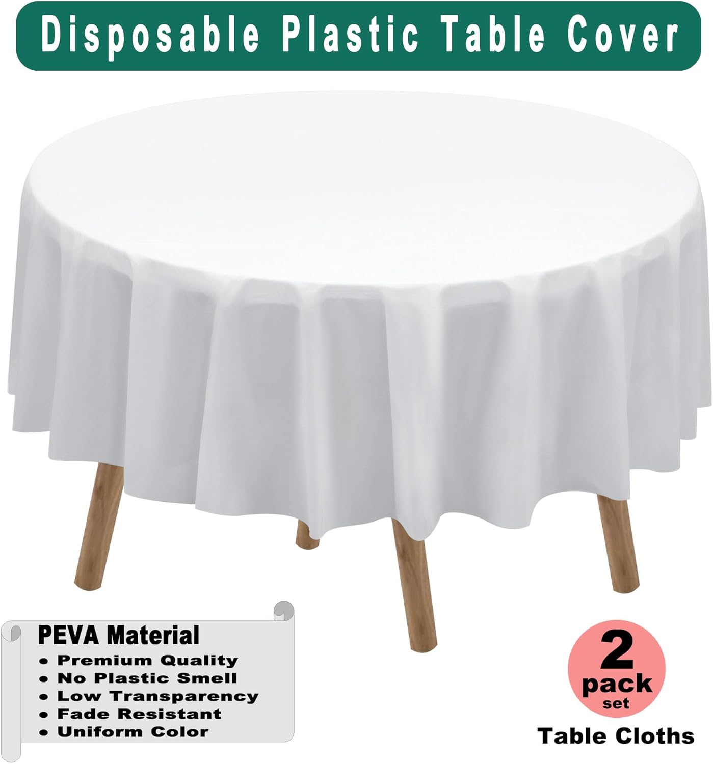 White Plastic Tablecloths 2 Pack for 6 Ft Round Tables