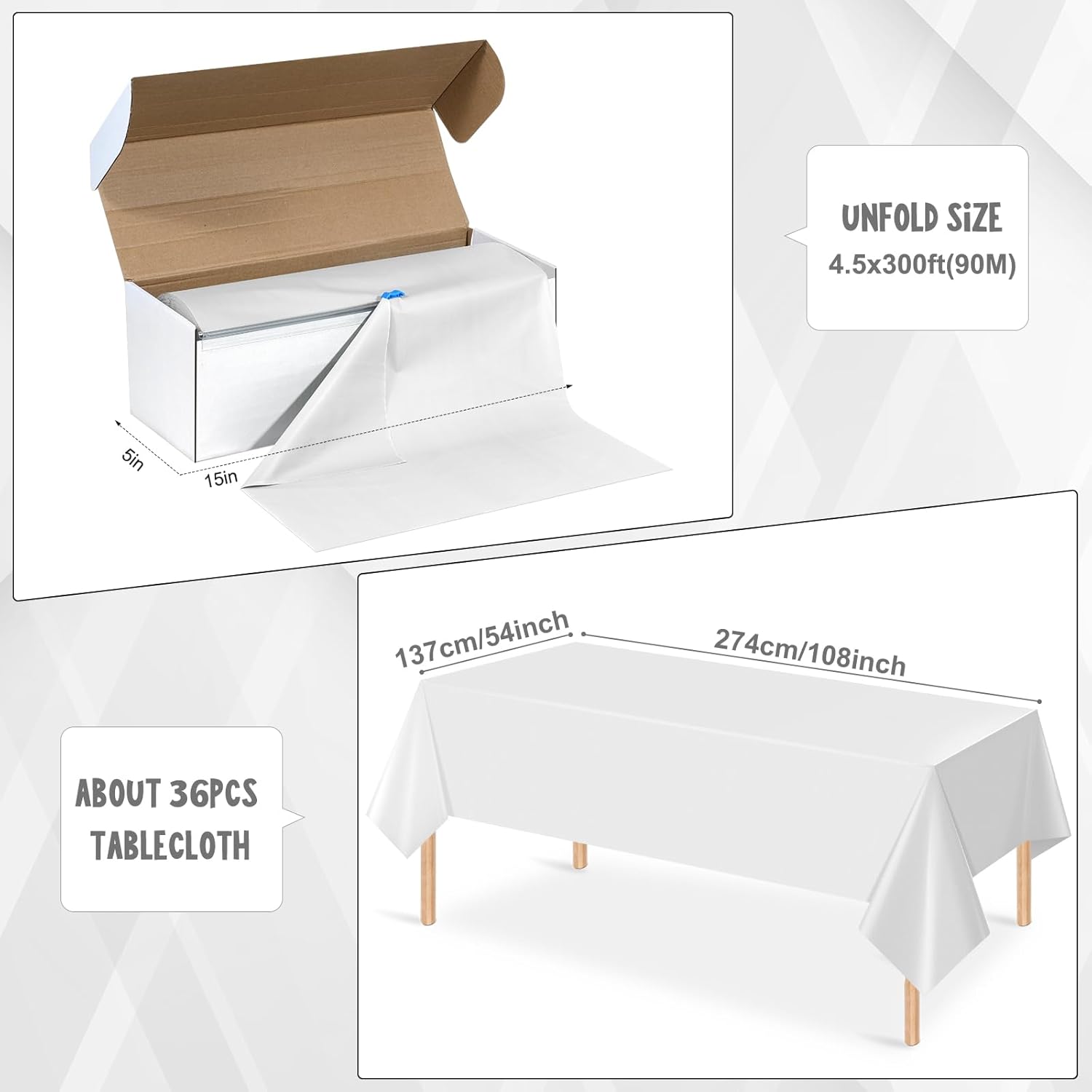 54 Inch x 300 Feet White Tablecloth Roll with Slide Cutter for Parties and Events