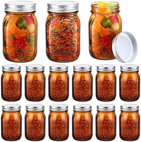 Yaomiao 12 Pack Amber Glass Jars 16 oz with Airtight Lids
