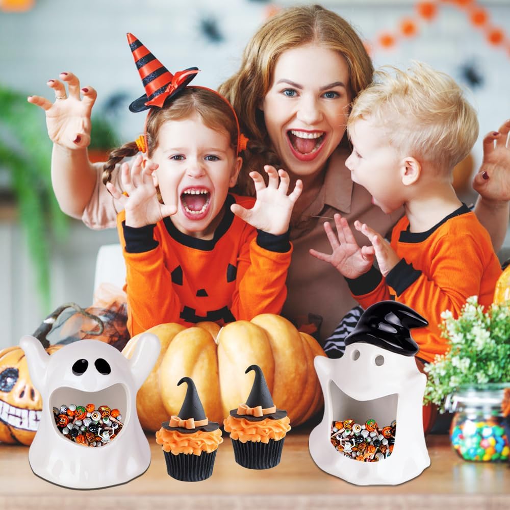 DIYDEC Halloween Candy Dish Holder 2PCS Ghost Ceramic Bowls
