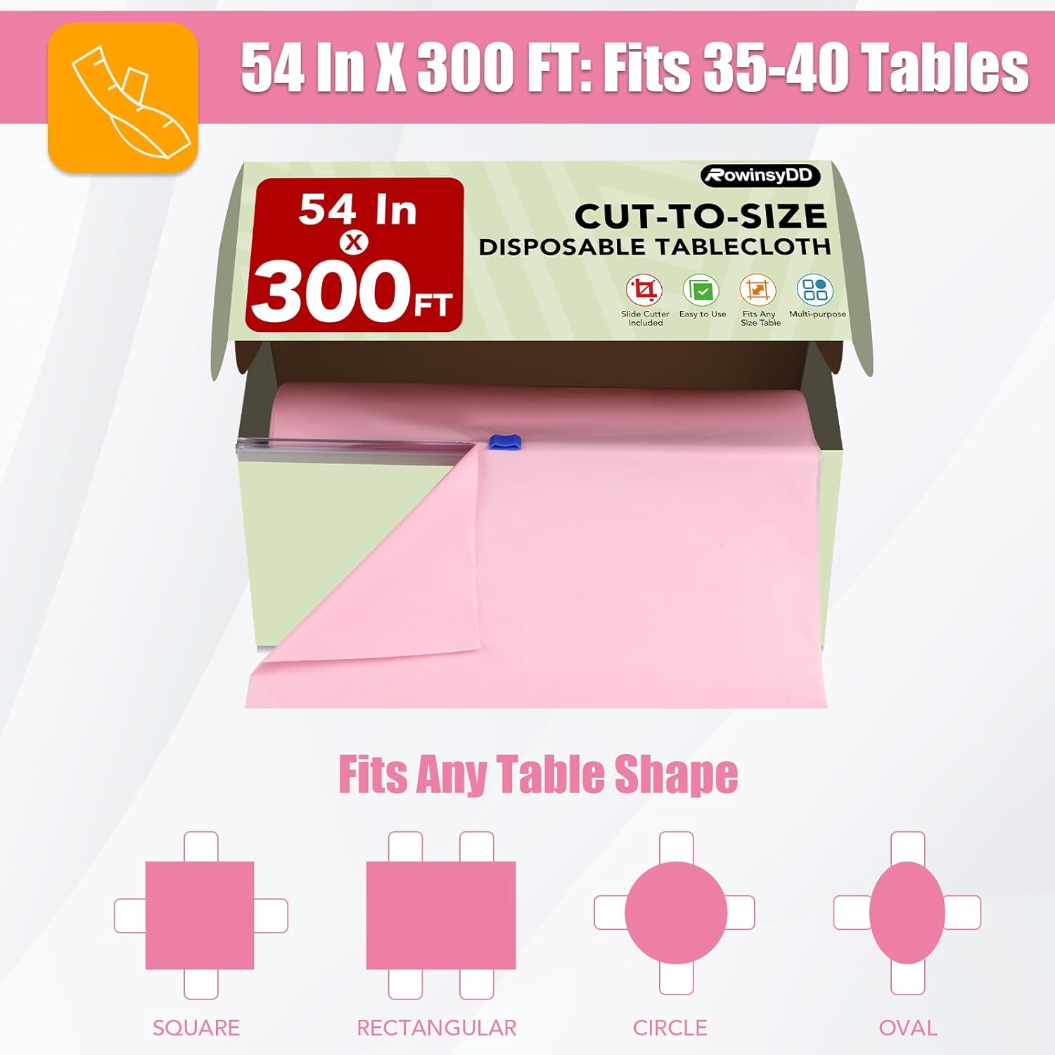 54 in X 300 FT Pink Plastic Table Cover Roll with Slide Cutter