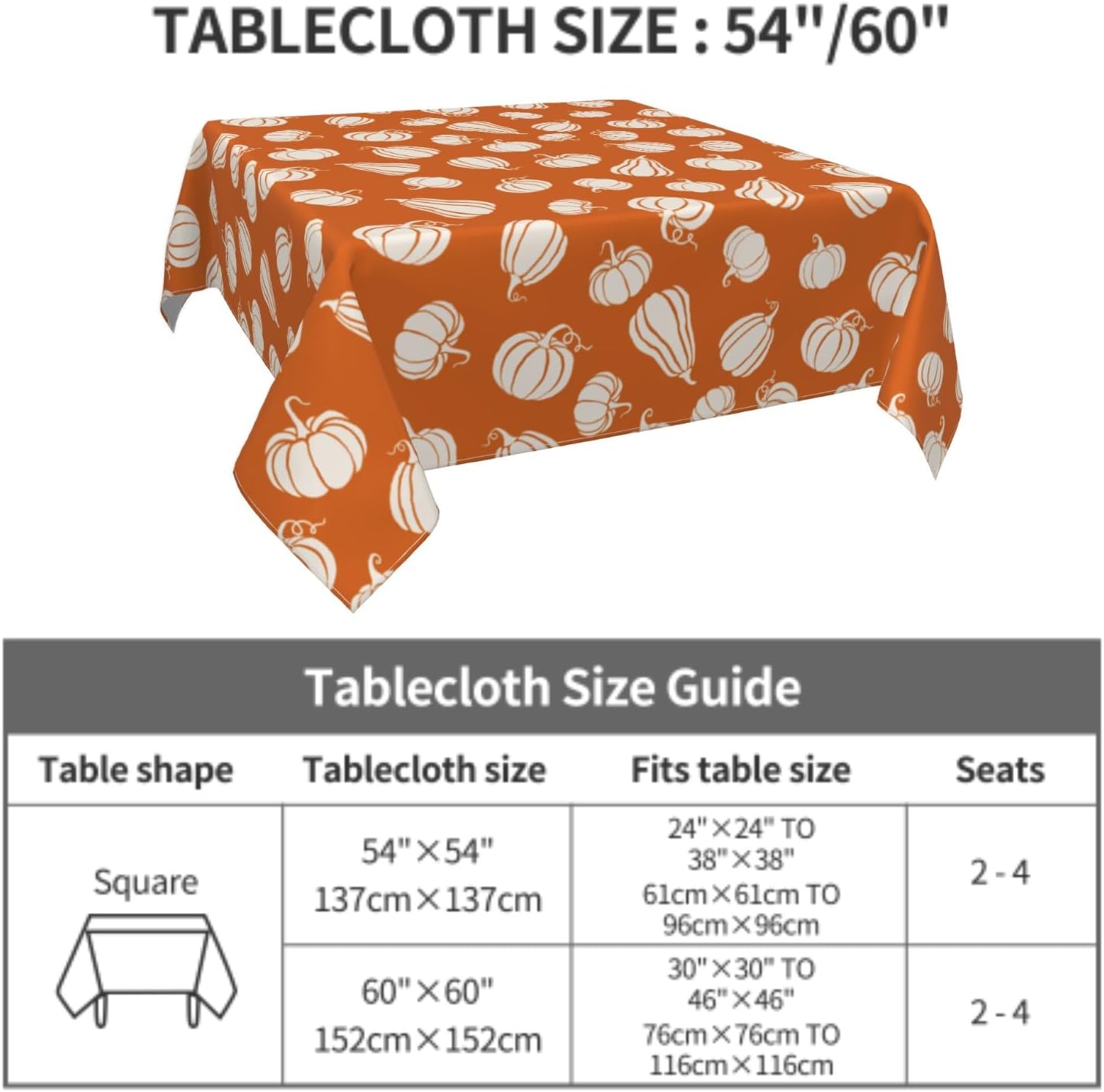 Lvhompro Fall Pumpkin Tablecloth 54x54 Inch Square White