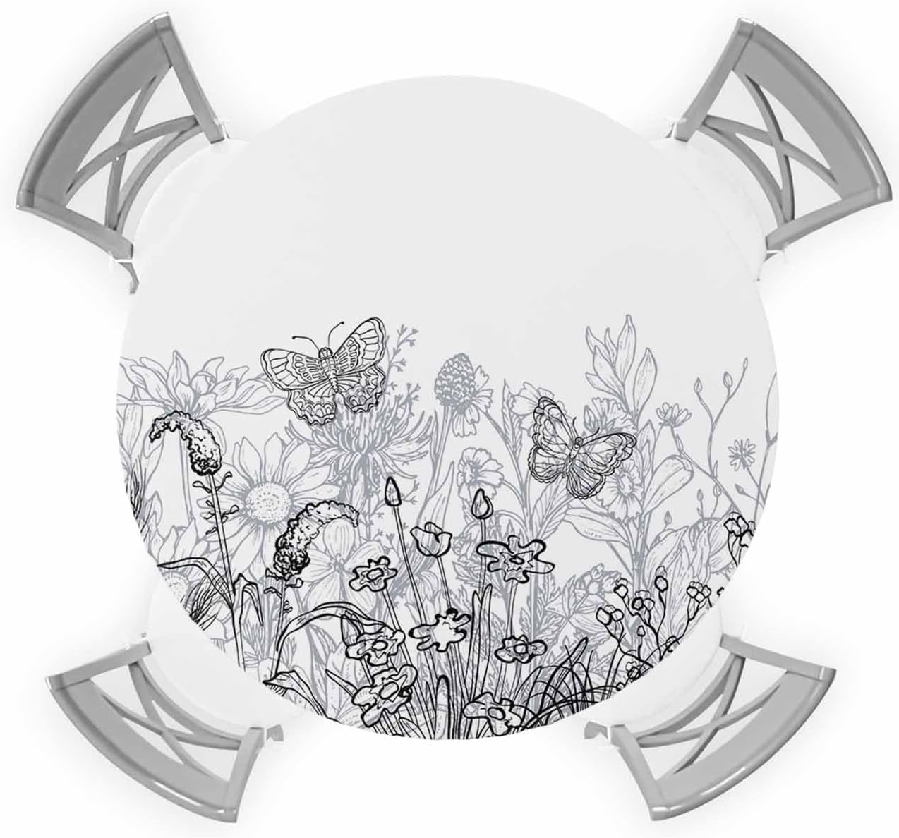Gray White Floral Round Waterproof Table Cover 55-60 Inch Fitted Elastic Tablecloth for Indoor Outdoor Use