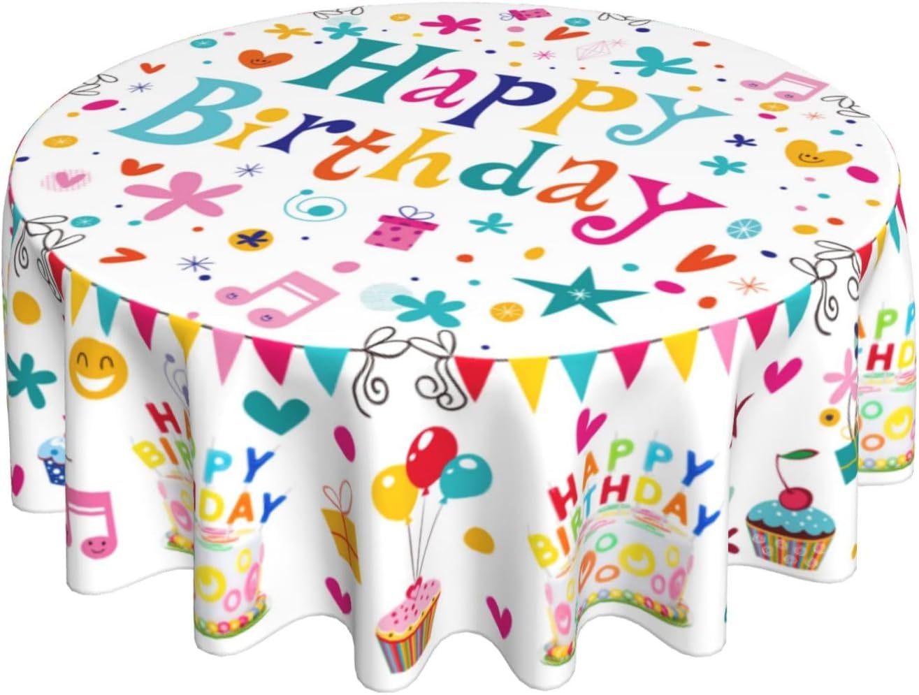 Happy Birthday Round Tablecloth 60 Inch Colorful Cake Balloons Cover