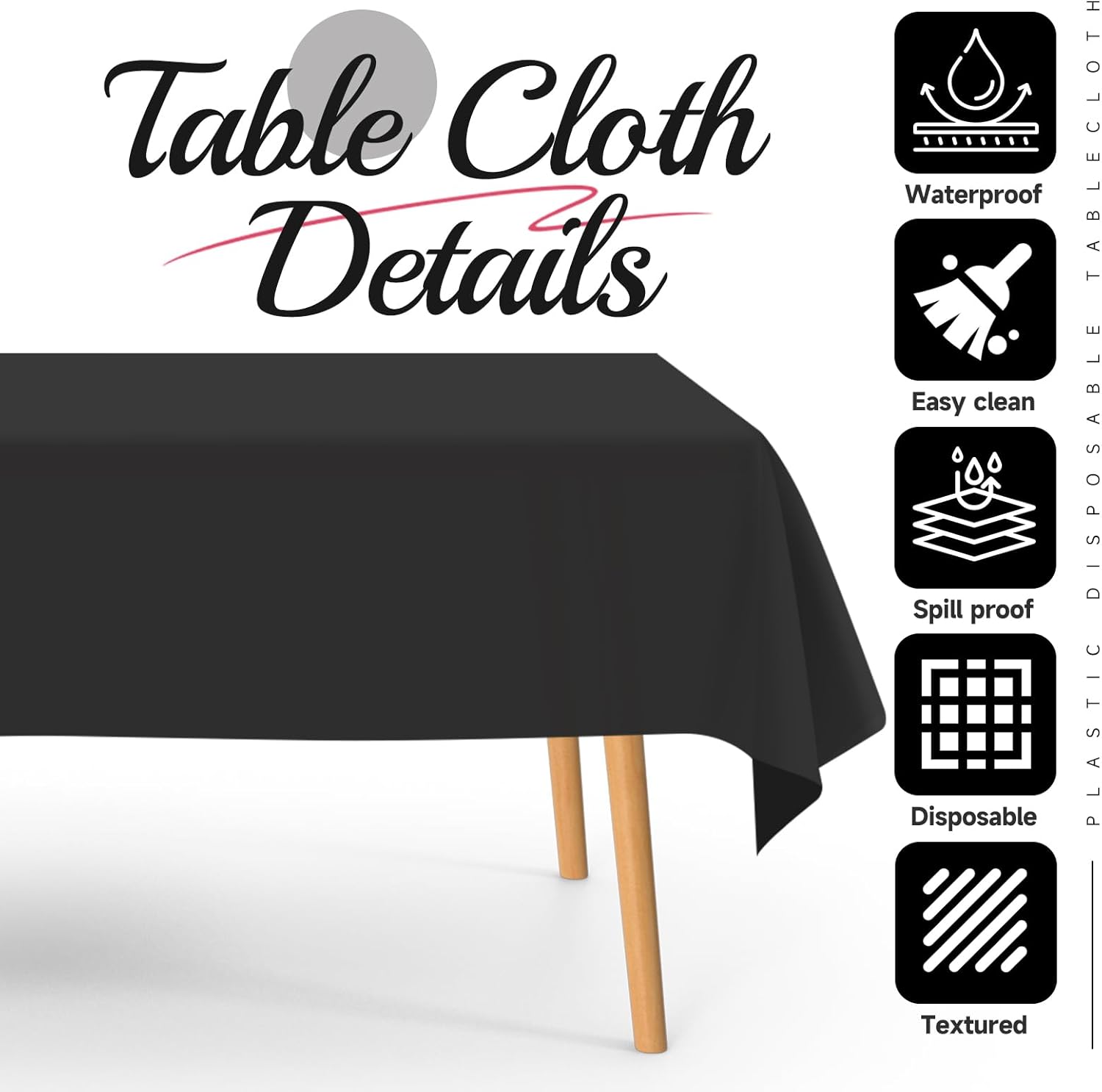 10 Pack Black Plastic Tablecloths for Rectangle Tables 54x108 Inch