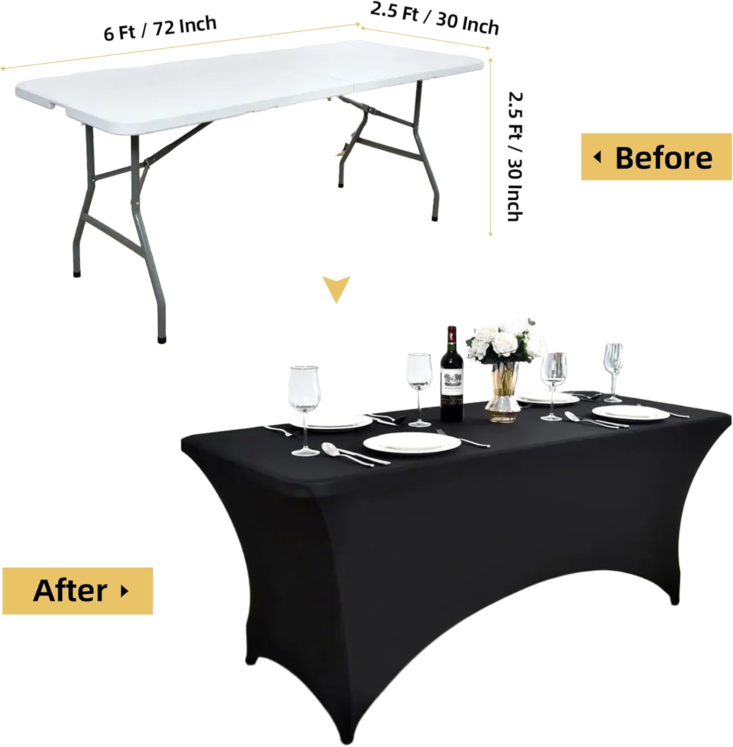 6-Pack 6ft Black Spandex Table Covers for Rectangle Tables