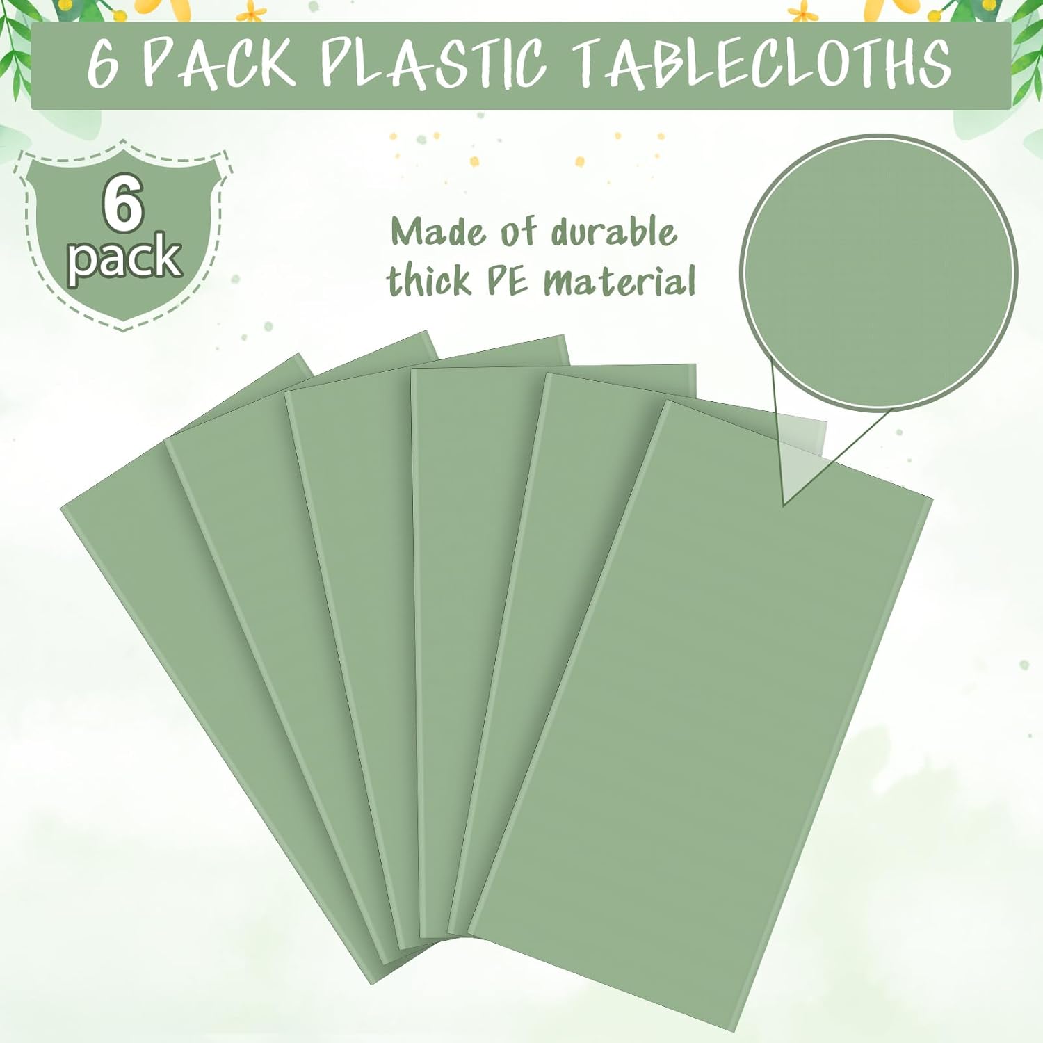 6 Pack Sage Green Plastic Tablecloths for Rectangle Tables