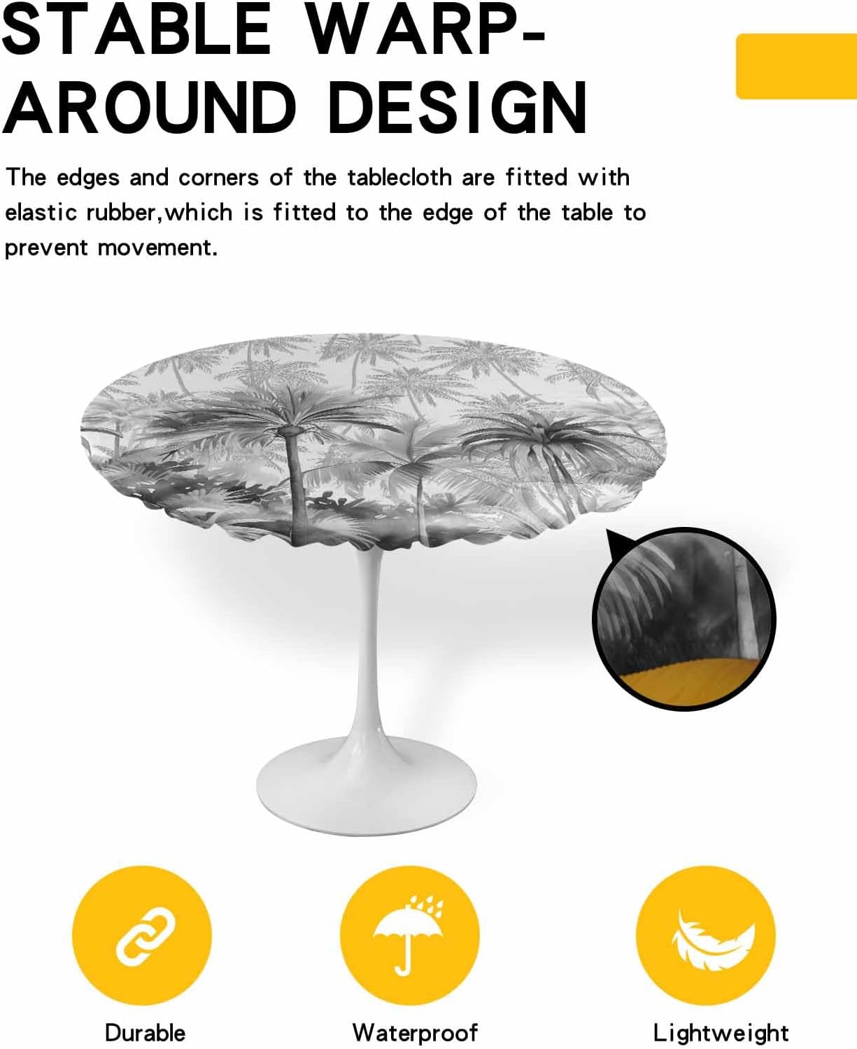 Grey Palm Tree Round Waterproof Table Cover Fitted Tablecloth