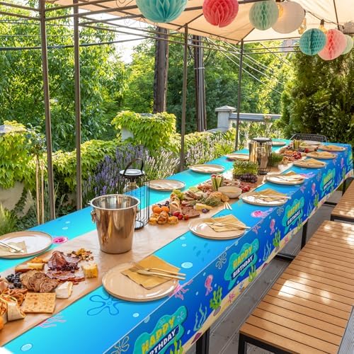 3 Pcs Blue Ocean Birthday Tablecloth Decorations for Rectangle Tables