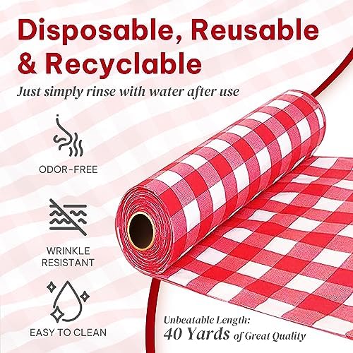 Amatra All-Purpose Plastic Table Cover Roll with Self-Cutter Red Checkered 54inch x 120ft