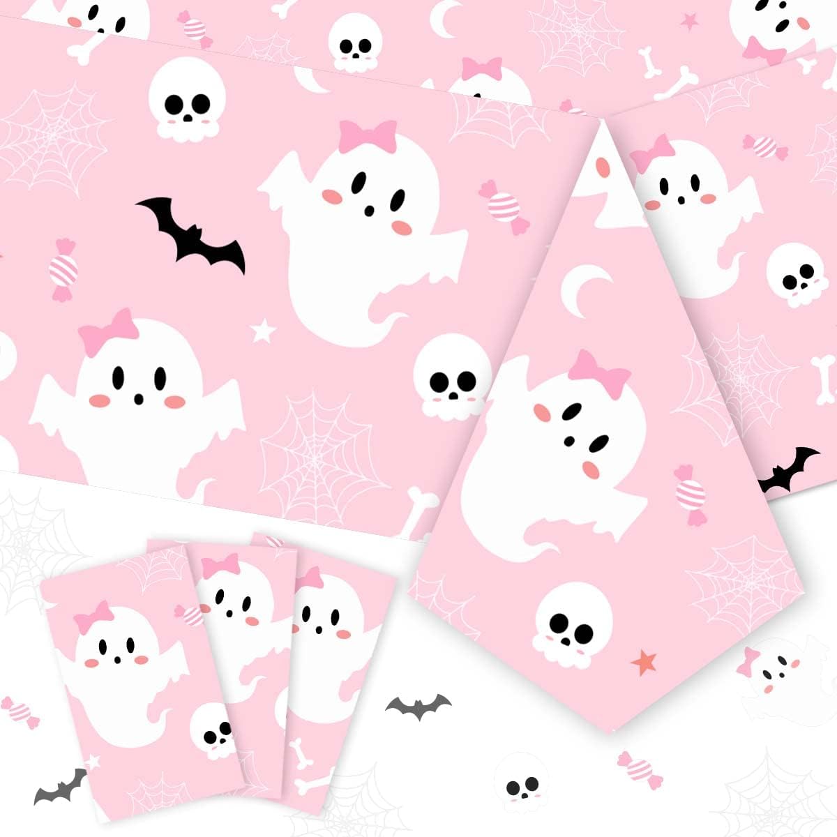 3PCS Halloween Tablecloth Pink Skulls Spider Web Ghost Bat Water-Resistant