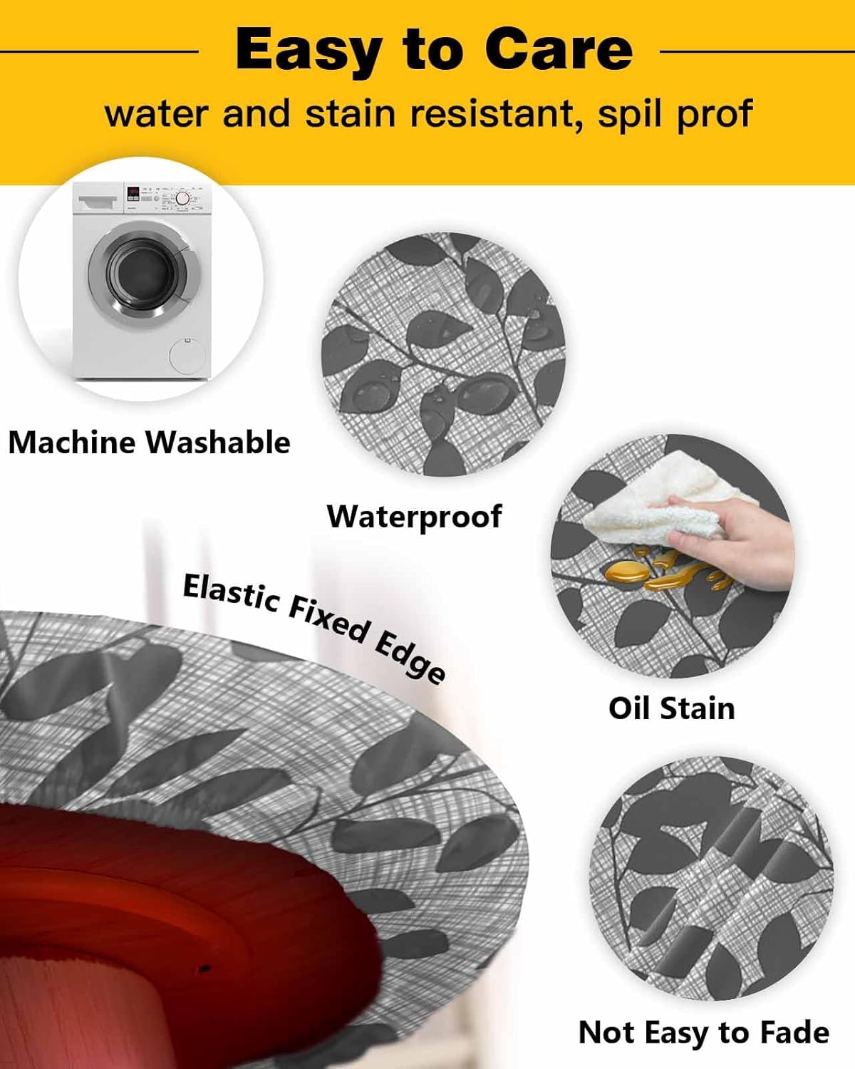 ZOE GARDEN Gray Leaves Round Waterproof Table Cover Fitted Tablecloth
