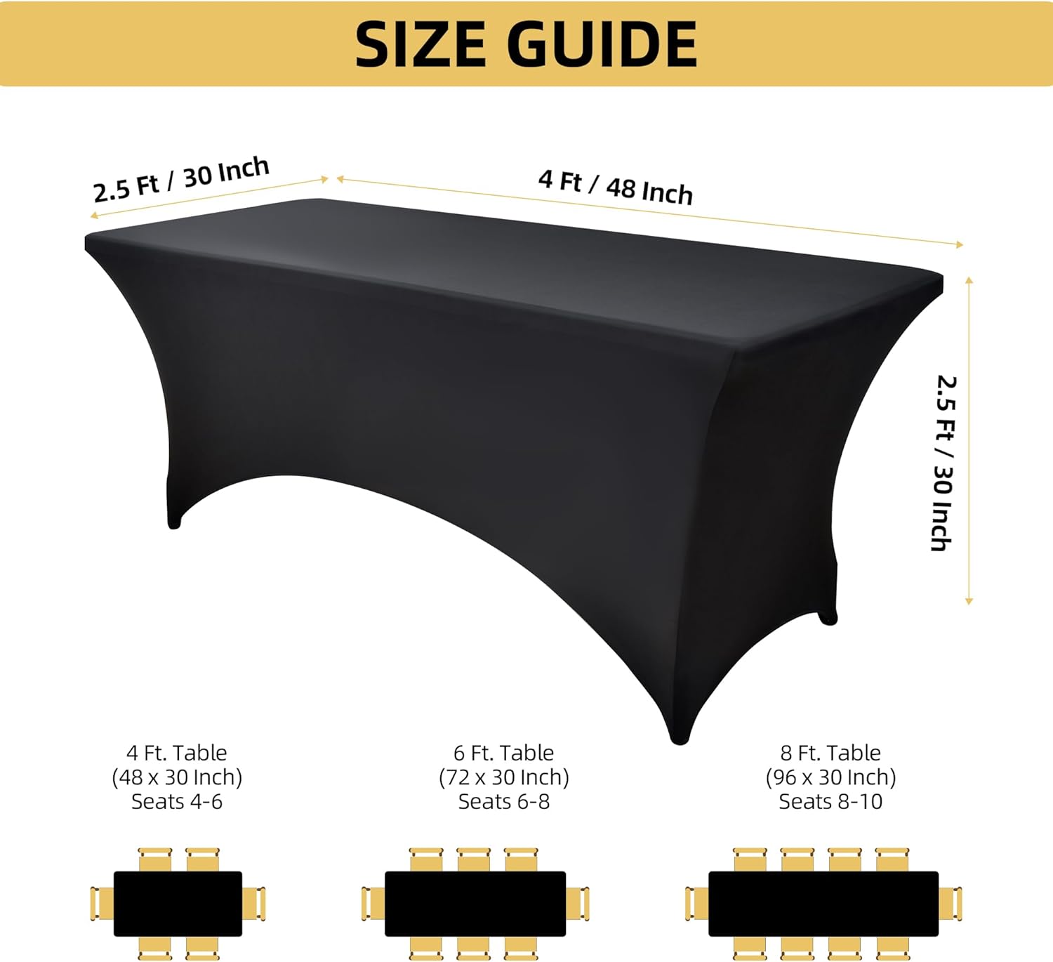 2-Pack 4ft Black Spandex Table Covers for Rectangular Folding Tables