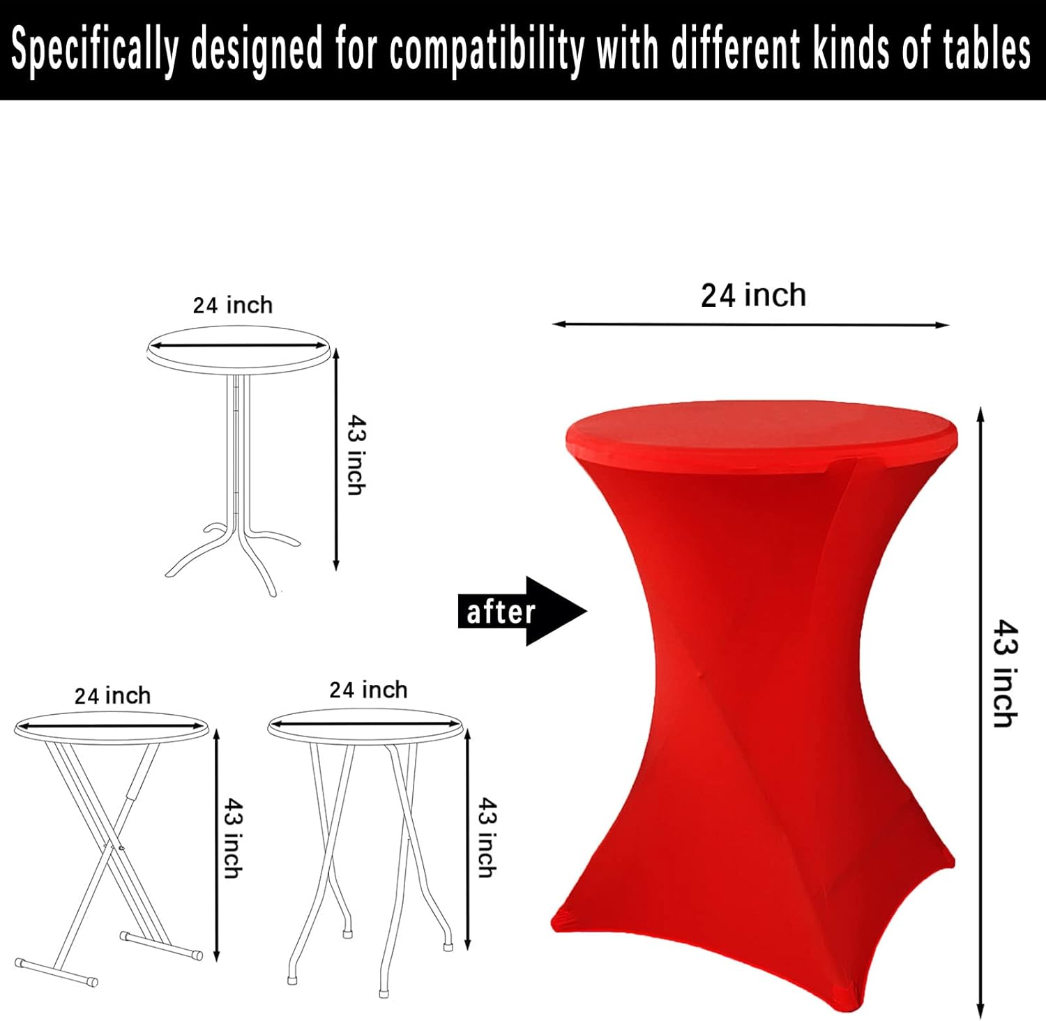 2 Pack 24x43 Inch Red Cocktail Tablecloths Spandex Round Fitted Covers for Events