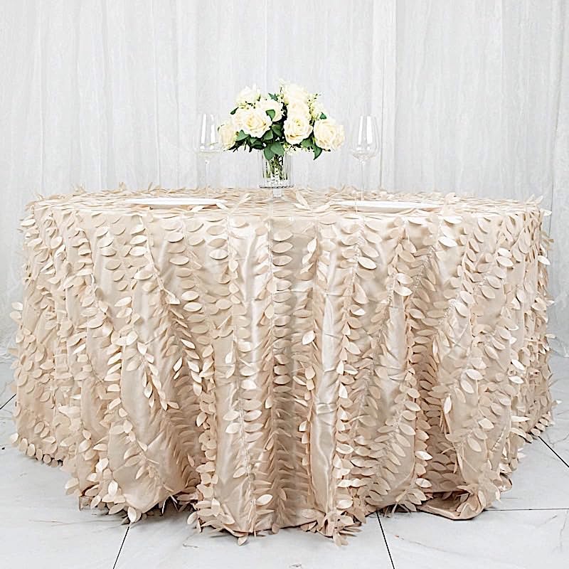 Balsa Circle 132 Inch Beige Taffeta Tablecloth Leaf Petals Design