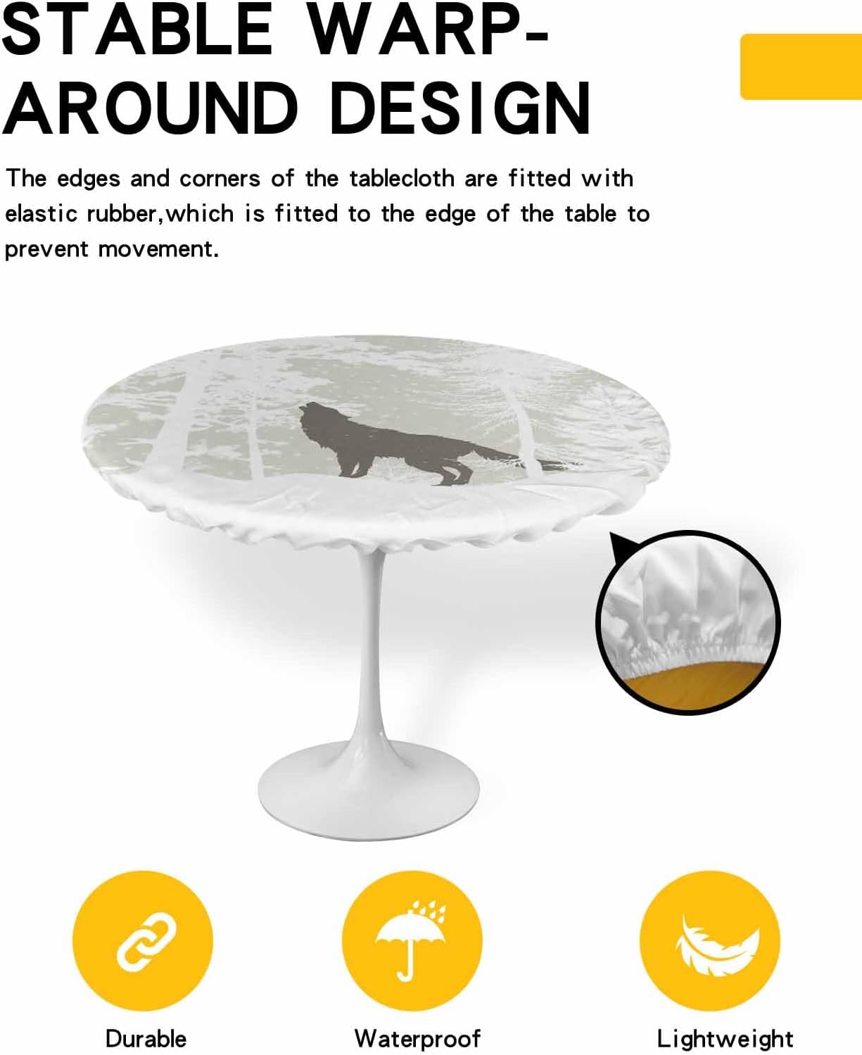 Winter Wolf Round Waterproof Table Cover Fitted Tablecloth 36-44 Inches