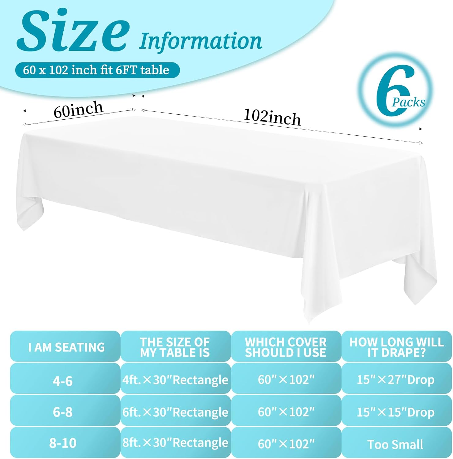 6 Pack White Tablecloths 60x102 Inch Rectangle Table Cover for 6 Foot Tables Stain Resistant Washable