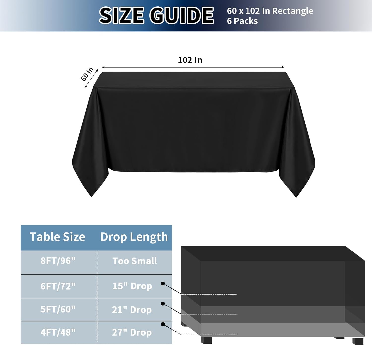 PureFit 6 Pack Black Rectangle Tablecloths 60x102 Inch for 6ft Tables