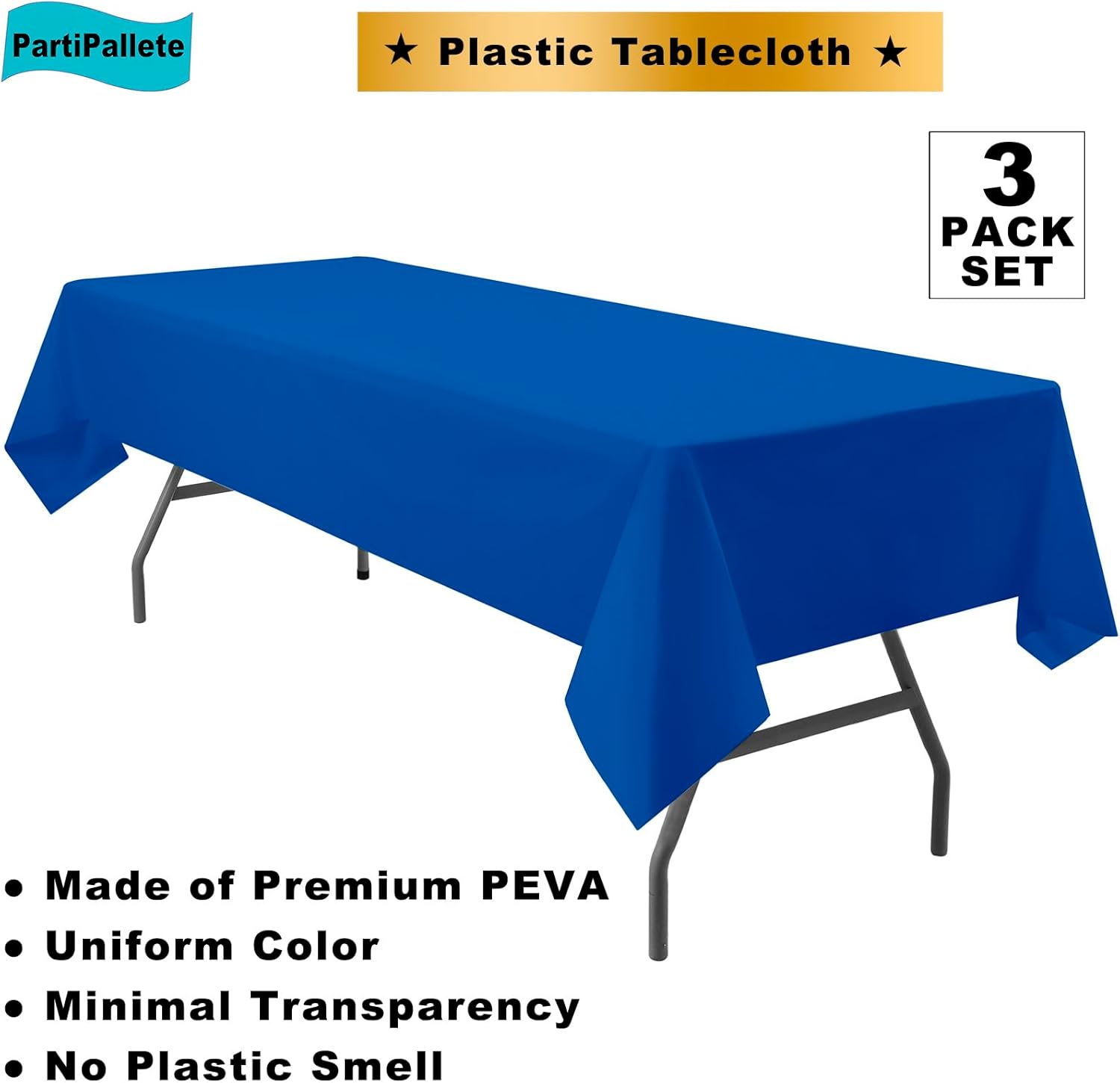 3-Pack Premium Plastic Royal Blue Tablecloths 54x108 Rectangle for Parties