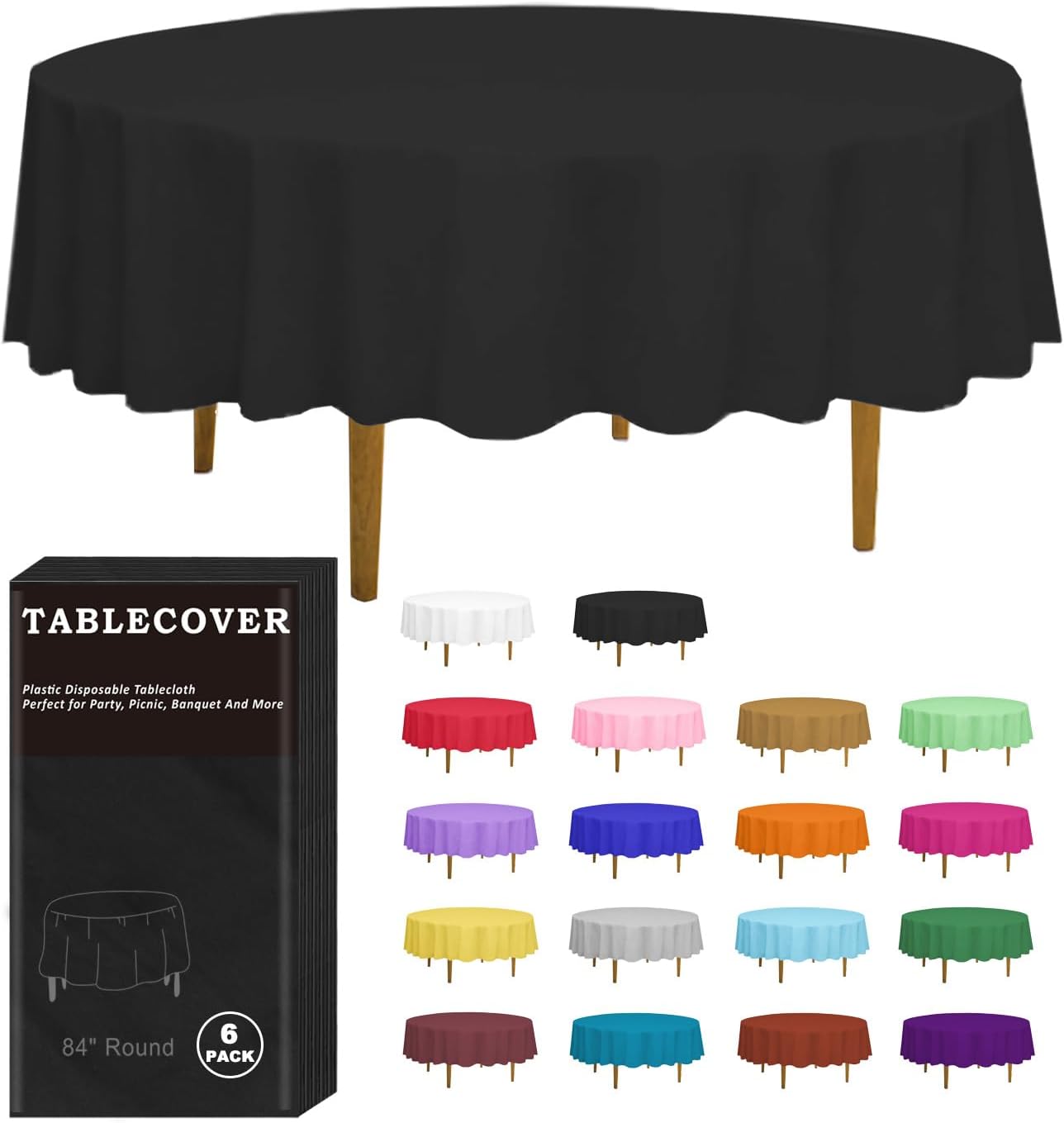 DZ 84 Inch Black Round Tablecloth 6 Pack Disposable